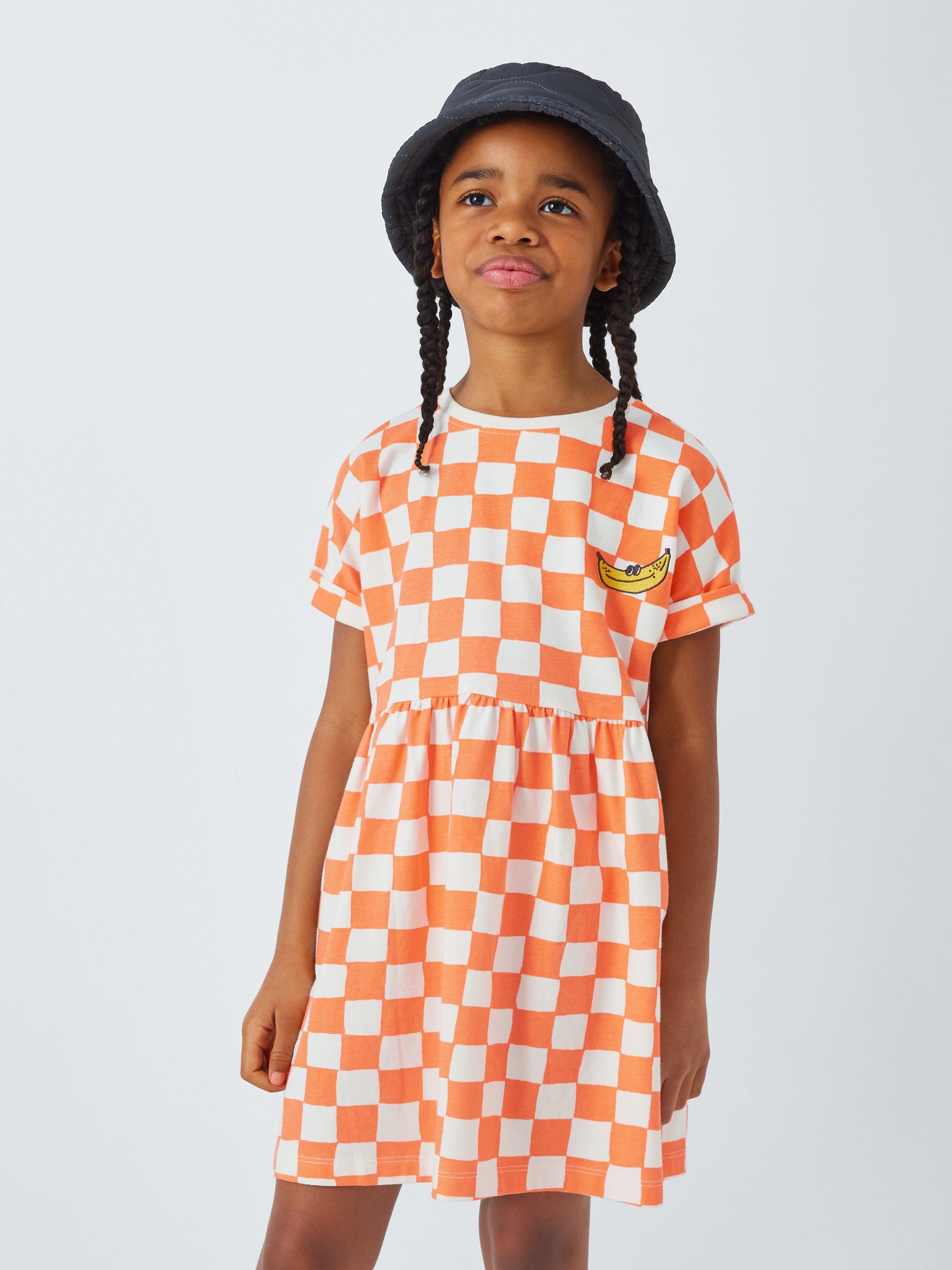 John Lewis ANYDAY Kids' Checker Dress, Gardenia/Tangerine, 10 years