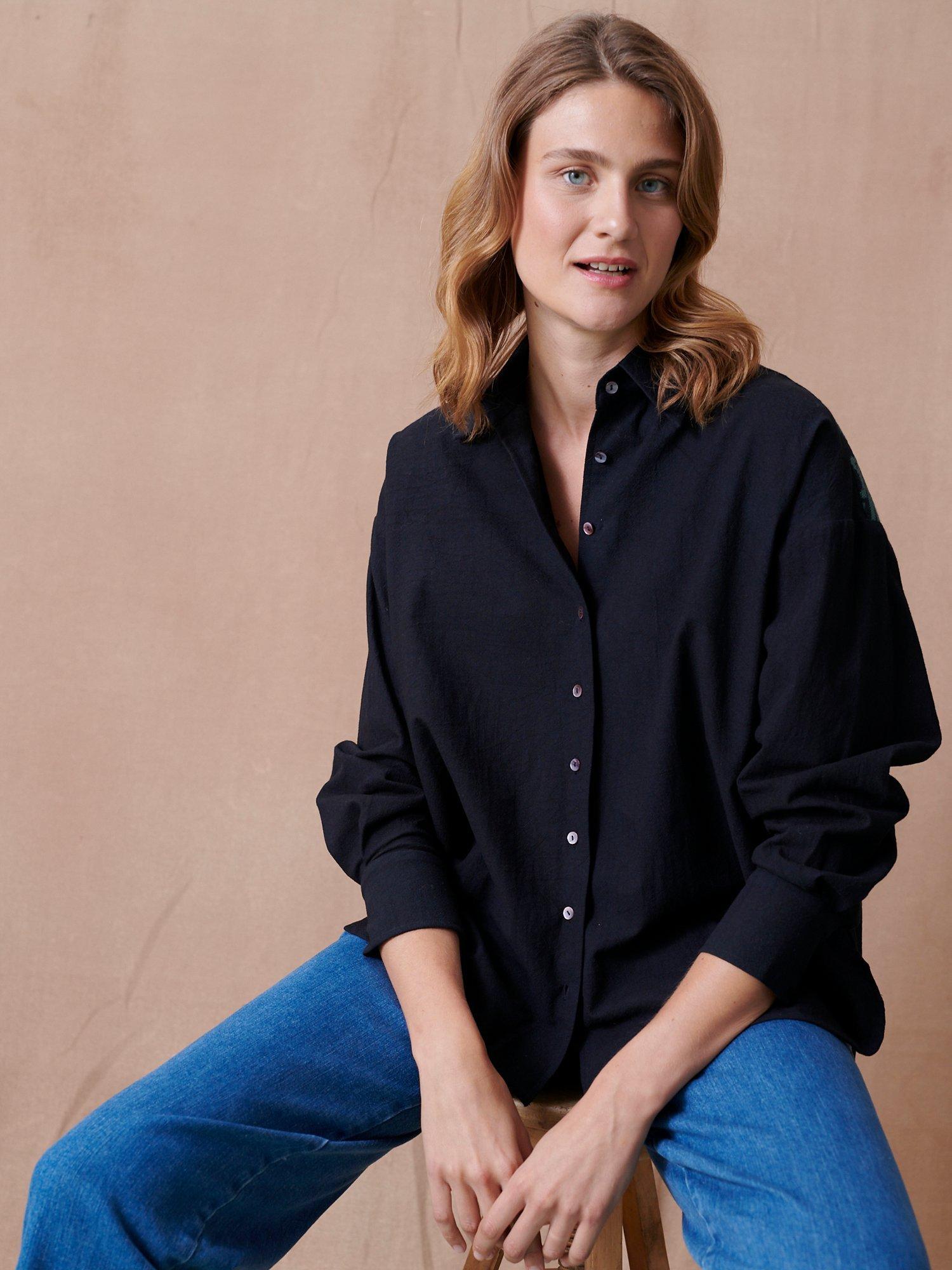 Cape Cove Embroidered Textured Cotton Blouse, Black