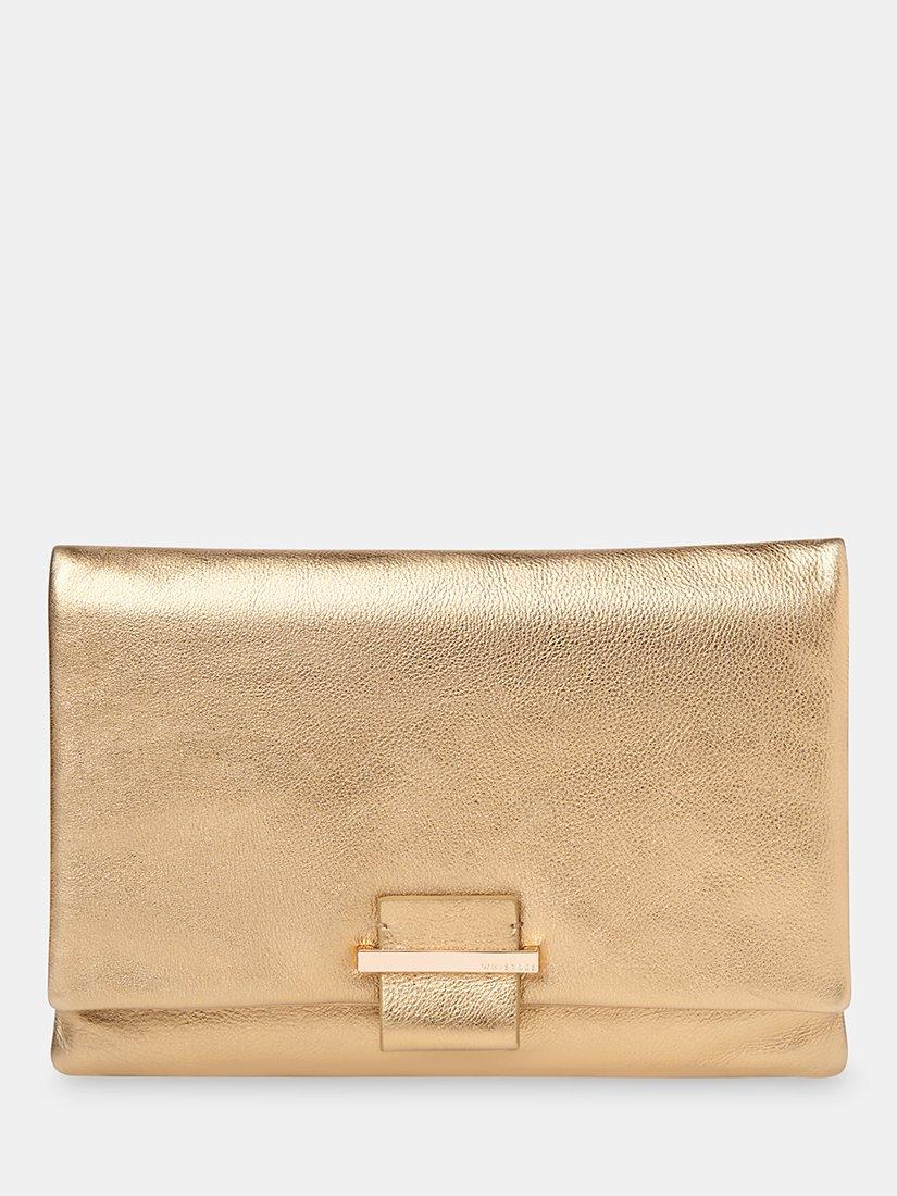 Product image 1 of 5, which shows Whistles Alicia Leather Clutch, Gold