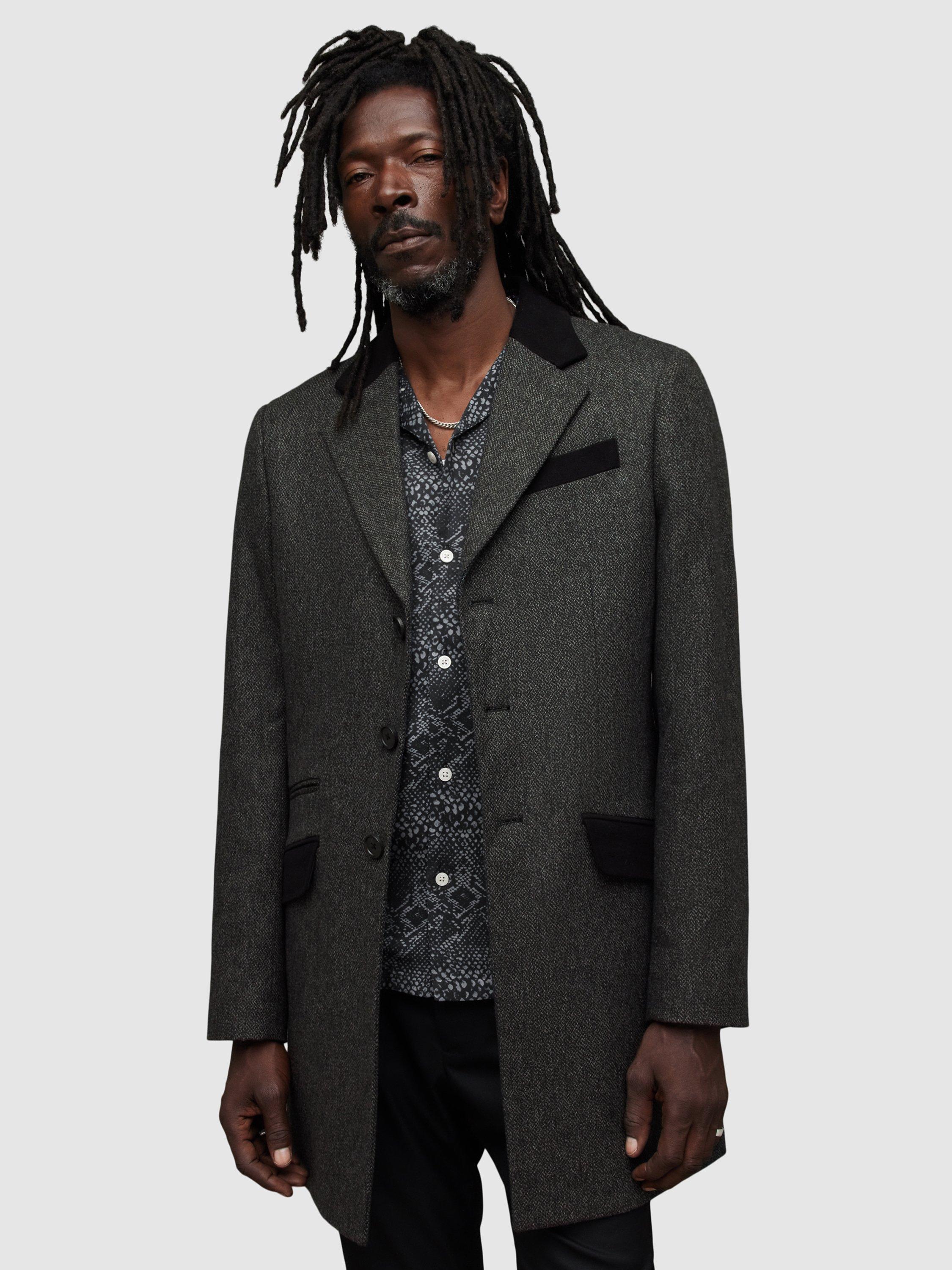 AllSaints Tommy Textured Single Breasted Coat, Charcoal Grey