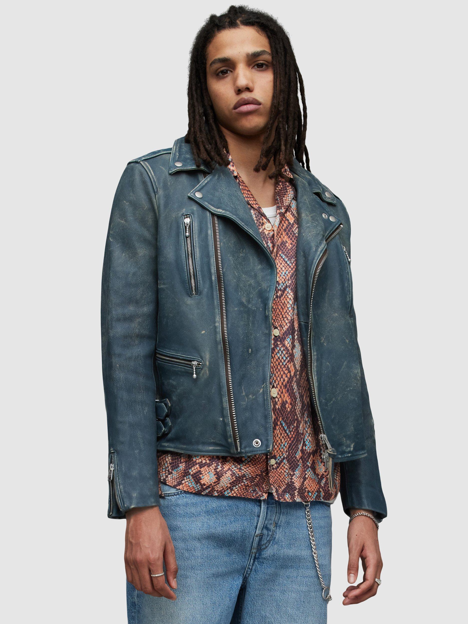 AllSaints Ark Leather Biker Jacket, Jade Blue