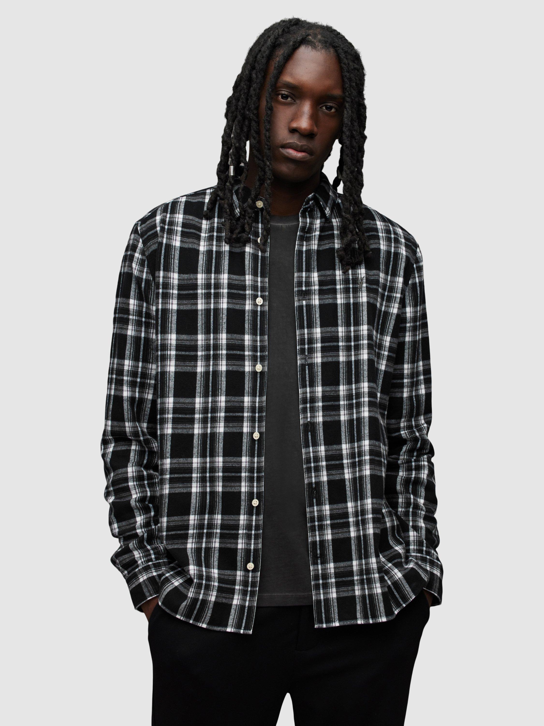 AllSaints Leulus Long Sleeve Flannel Check Shirt, Black/White