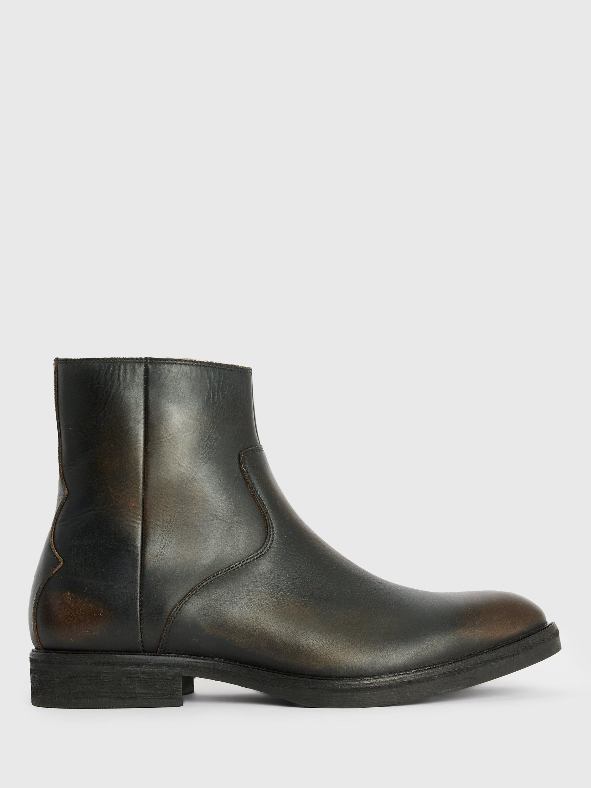 AllSaints Lang Leather Zip Up Boots, Dark Brown