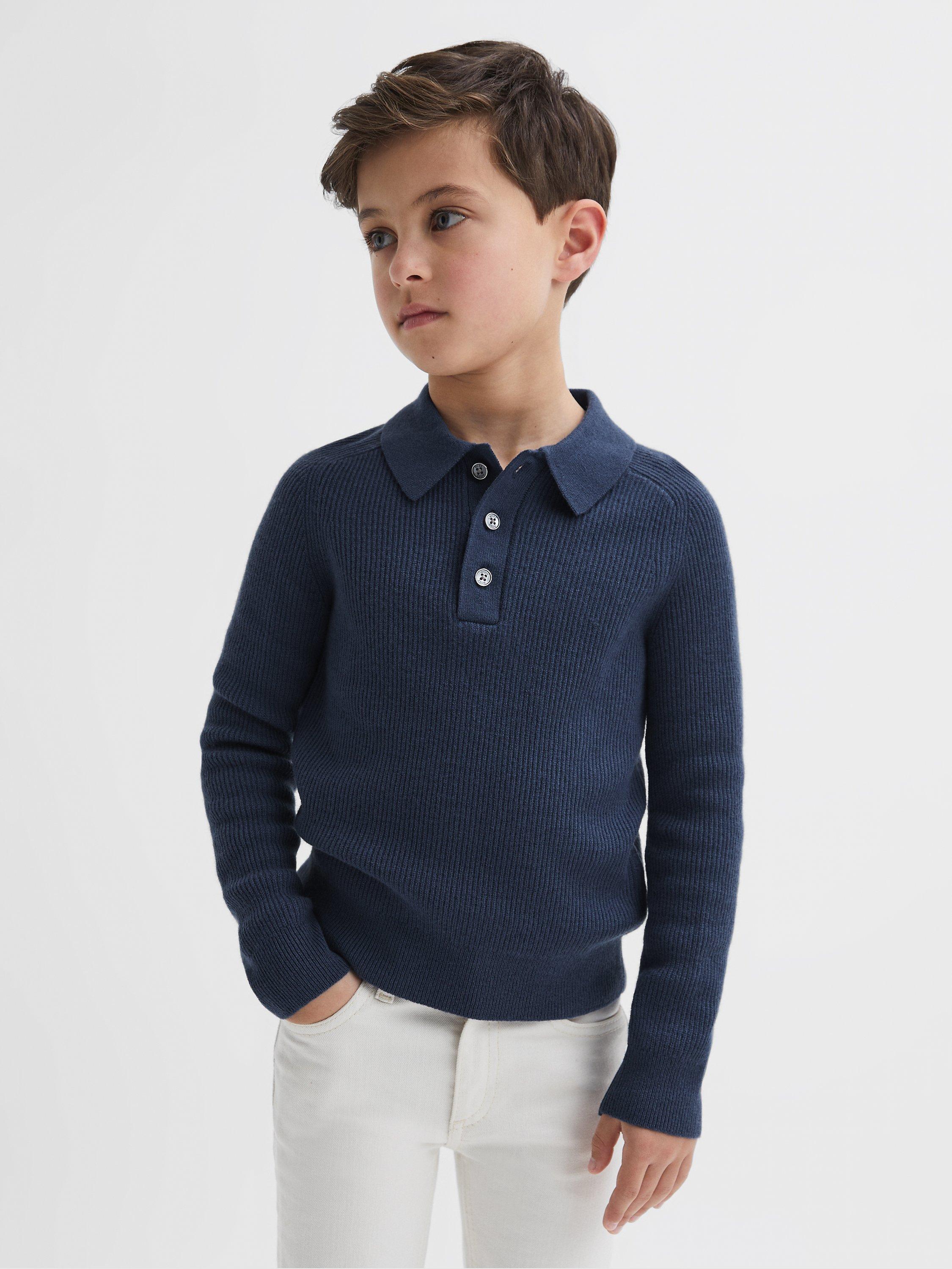 Reiss Kids'  Holms Merino Wool Ribbed Long Sleeve Polo Shirt, Petrol Blue