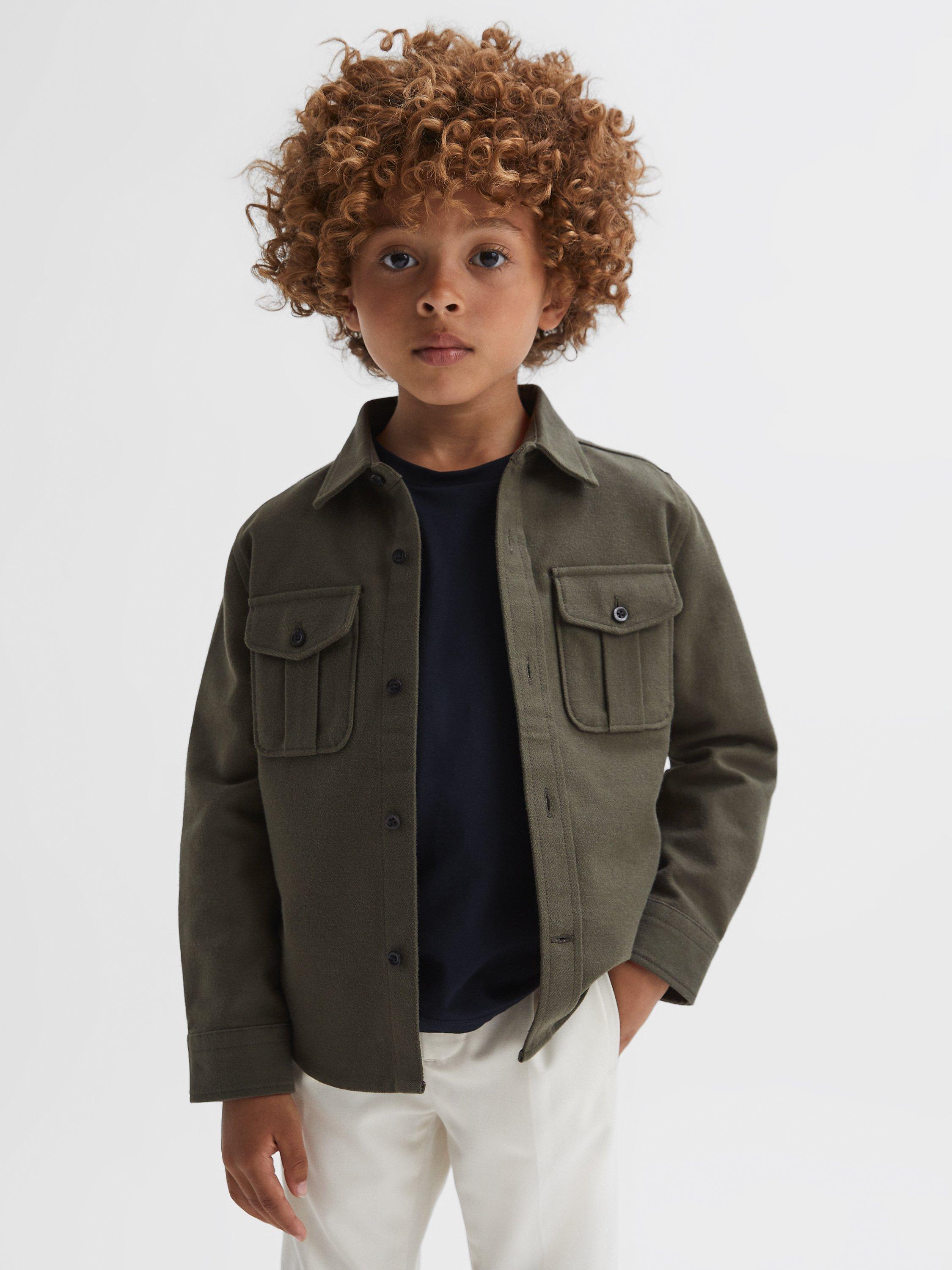Reiss Kids' Thomas Brushed Cotton Twin Pocket Shirt, Pine Green