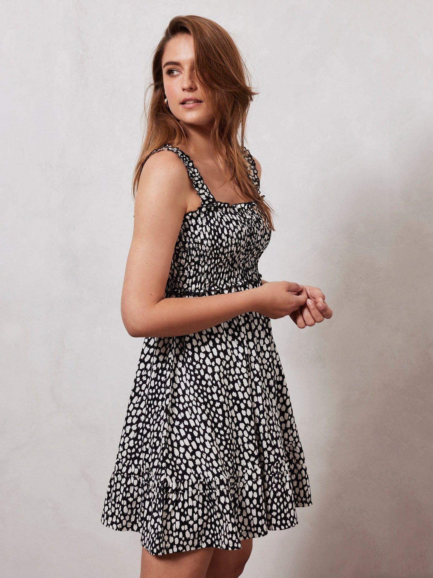 Mint Velvet Abstract Print Ruffle Trim Mini Swing Dress, Black/White