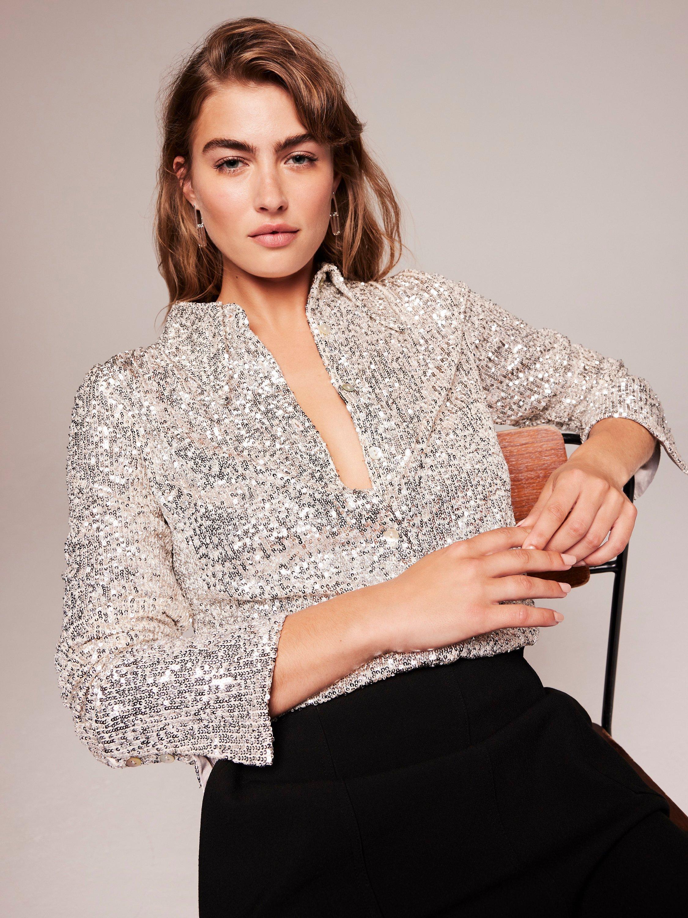 Mint Velvet Champagne Sequin Shirt, Natural Cream
