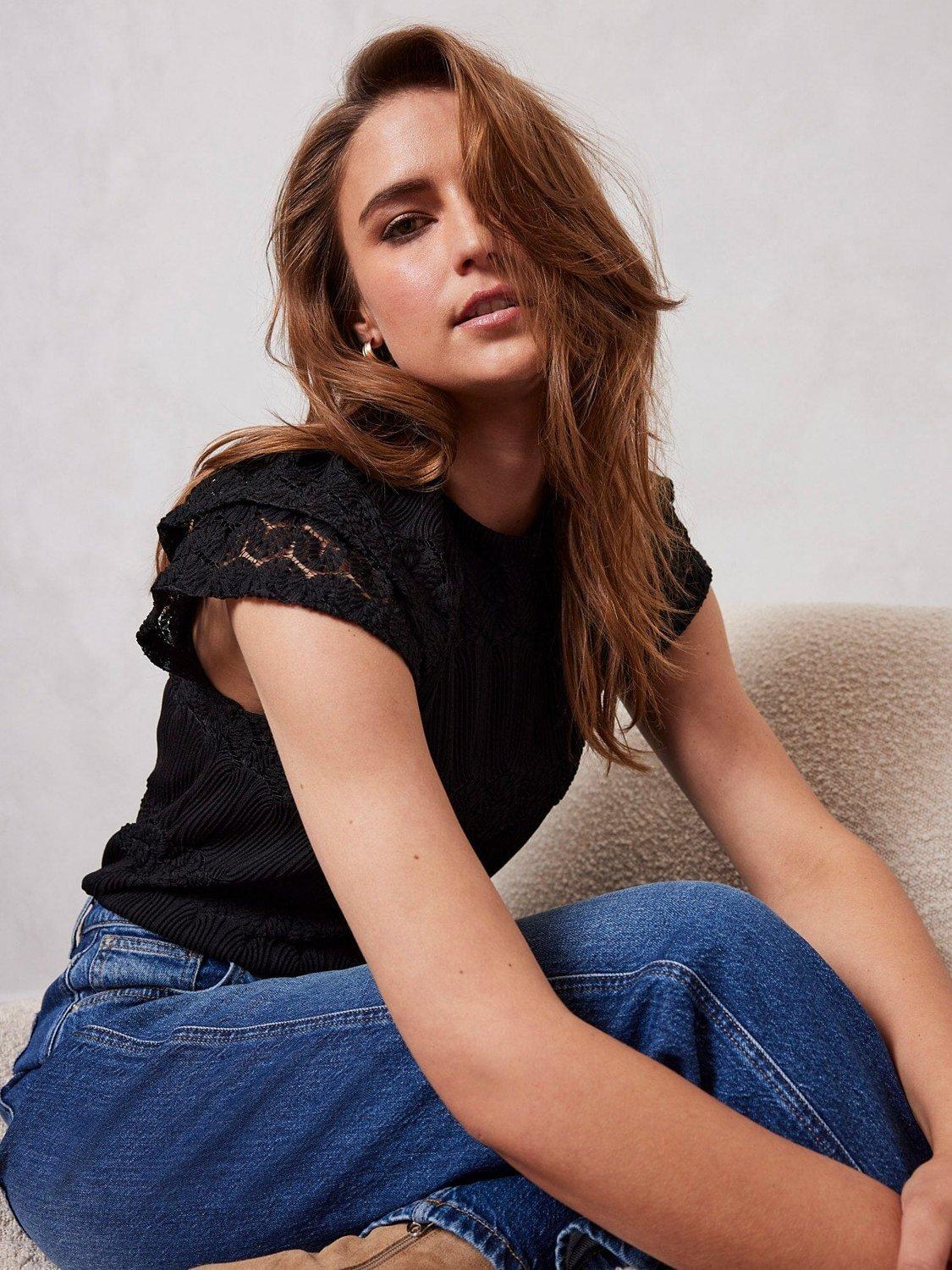 Mint Velvet lack Embroidered Top, Black