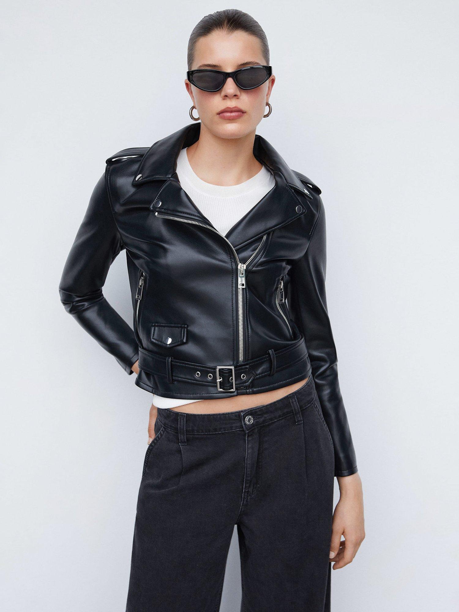 Mango Fest Faux Leather Biker Jacket, Black
