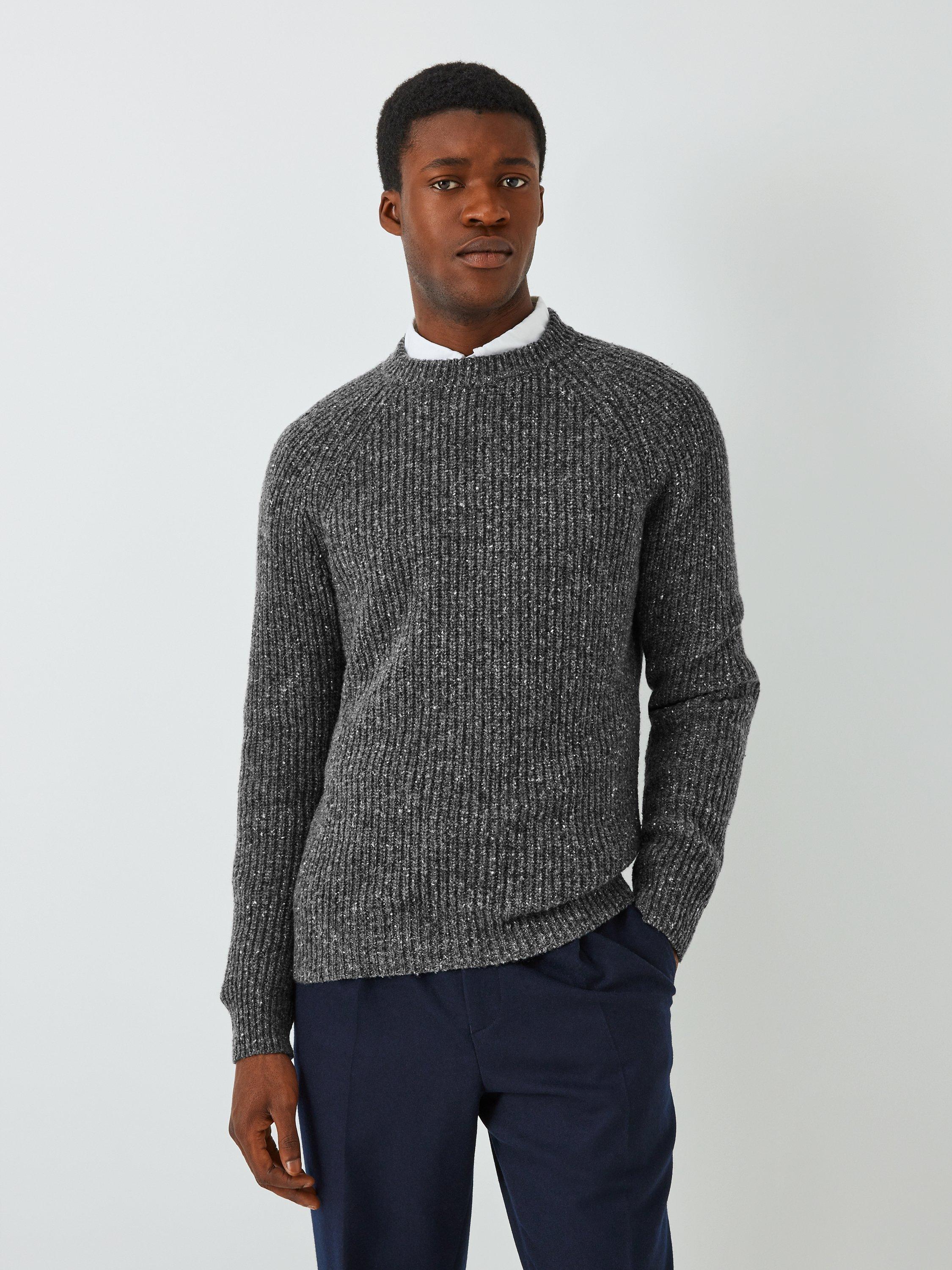 Product image 1 of 6, which shows John Lewis Made in Italy Wool Blend Donegal Look Rib Crew Neck Jumper, Charcoal, XXL