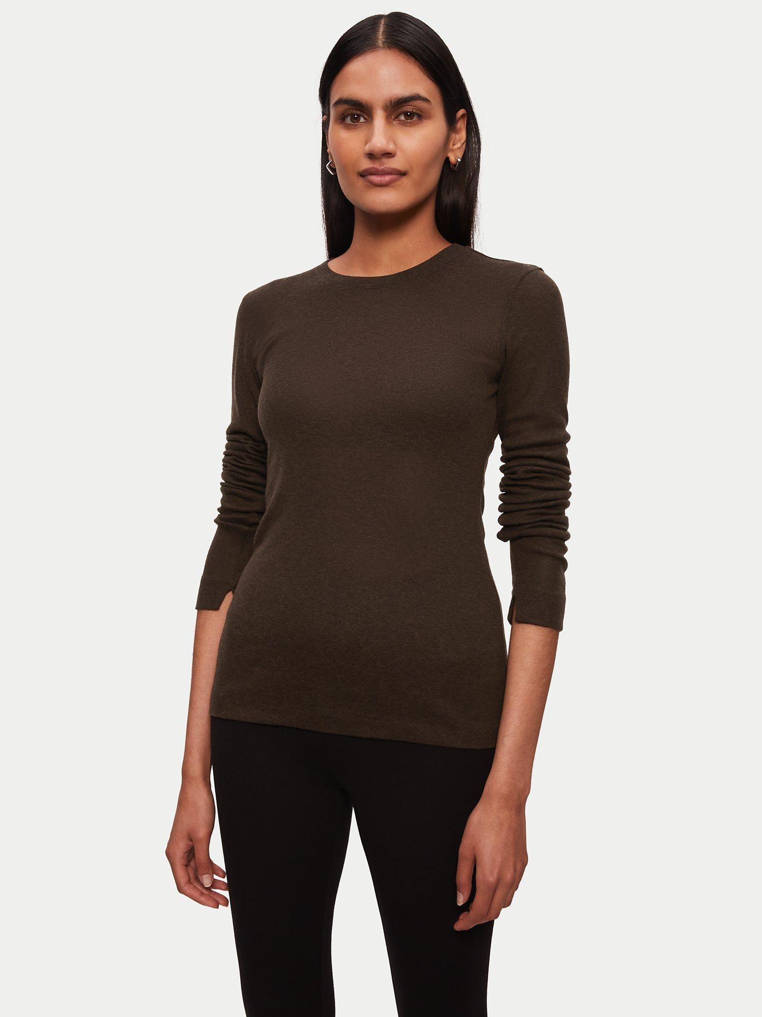 Jigsaw Wool Blend Long Sleeve Jersey Top, Brown, XS