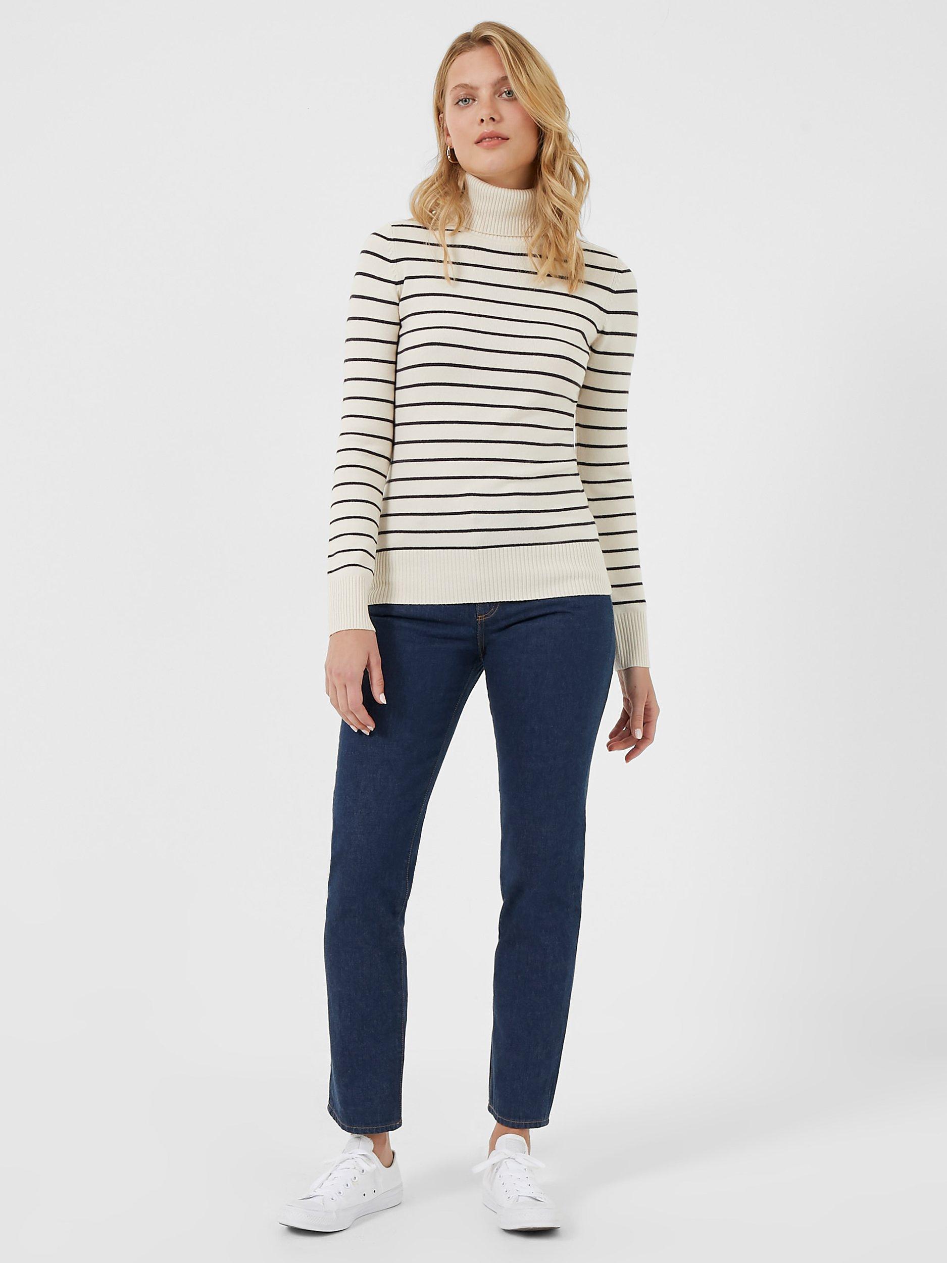 French Connection Babysoft Stripe Roll Neck Jumper, Cream/Navy