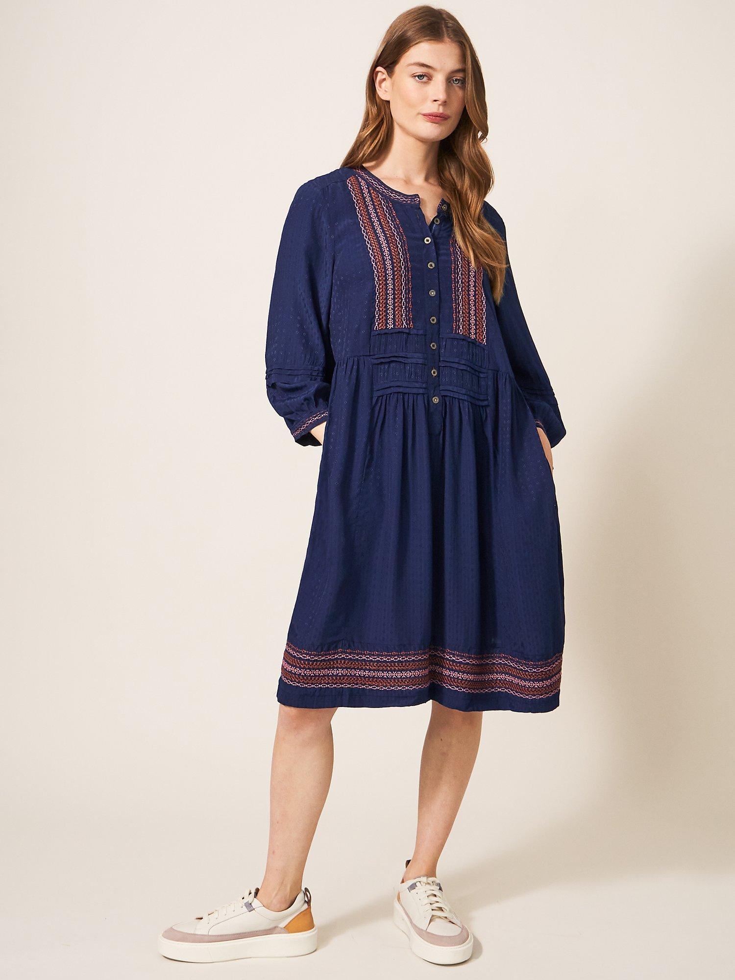 White Stuff Liv Embroidered Dress, Navy Multi