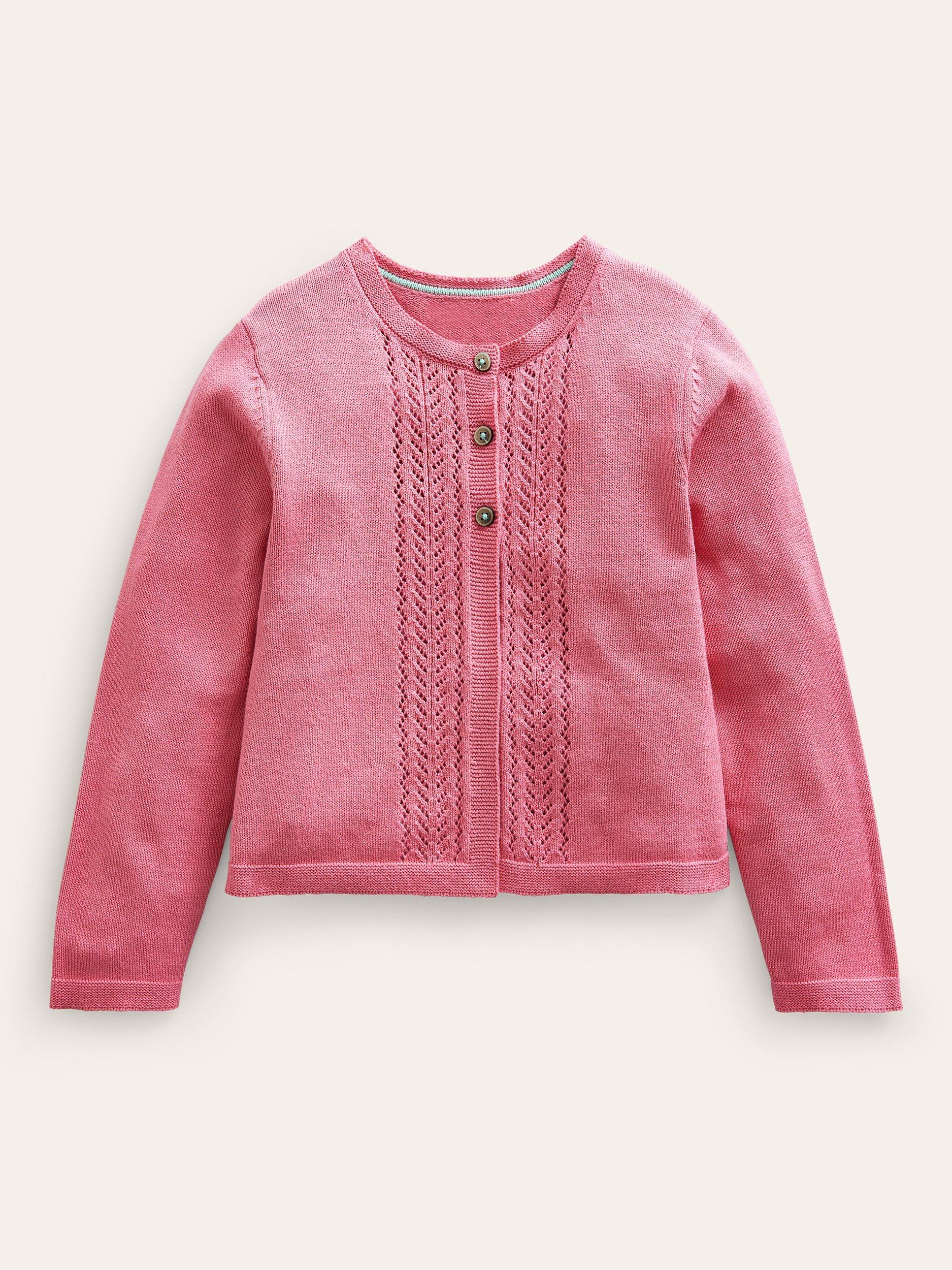 Product image 1 of 3, which shows Mini Boden Kids' Pointelle Cotton Cardigan, Formica Pink, 12-18 months