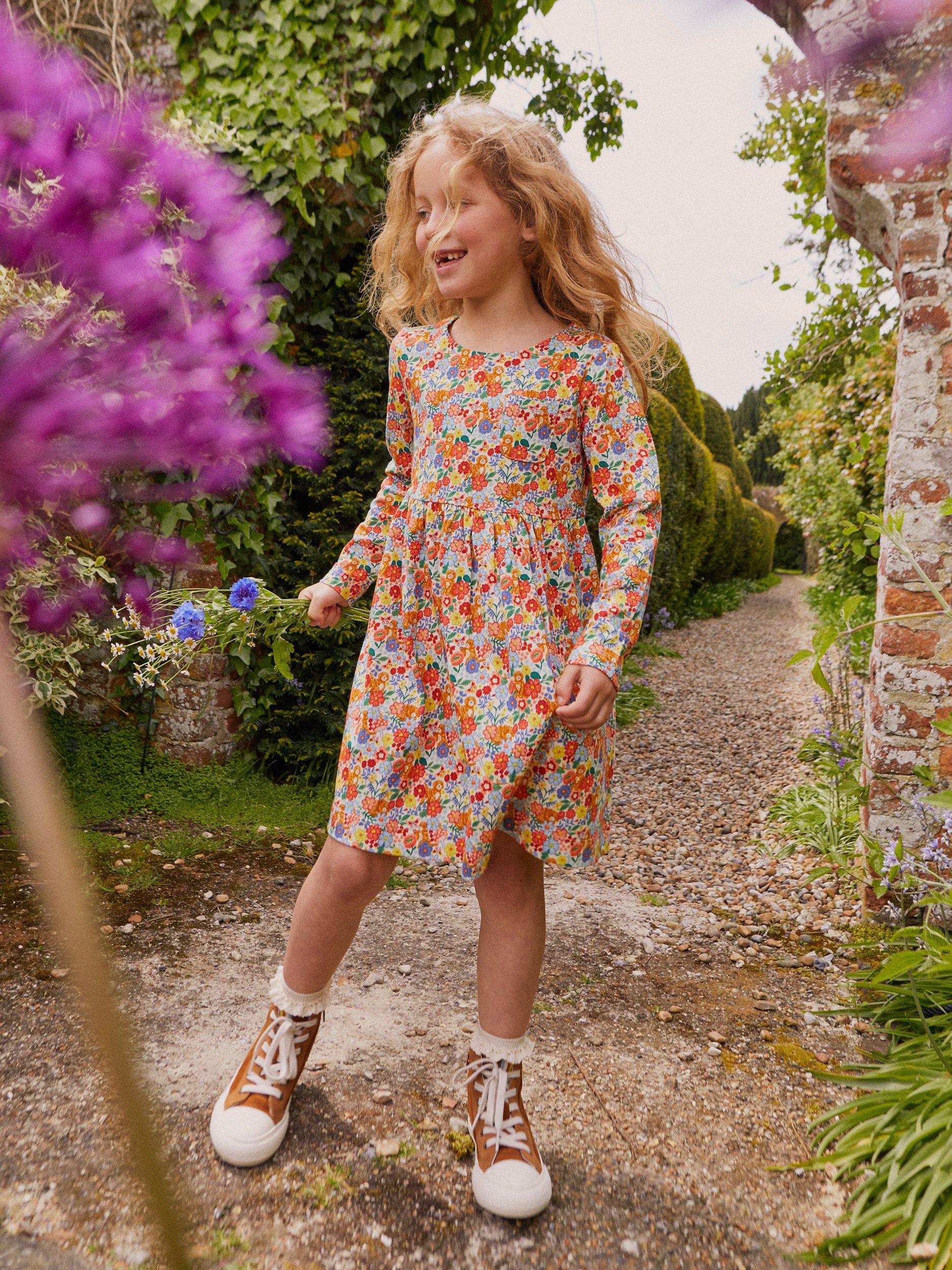 Mini Boden Kids' Long Sleeved Floral Print Jersey Dress, Multi
