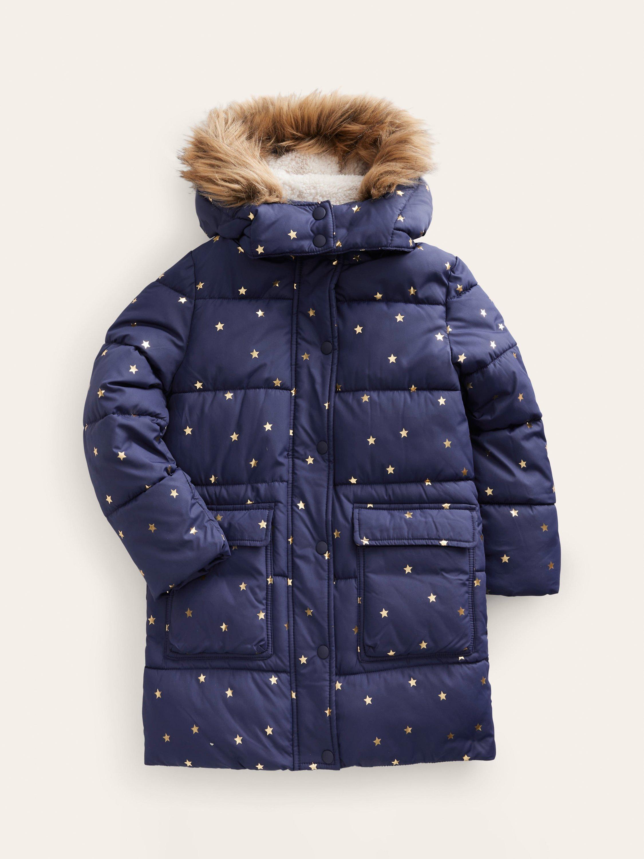 Mini Boden Kids' Star Print Longline Padded Coat, Navy Foil