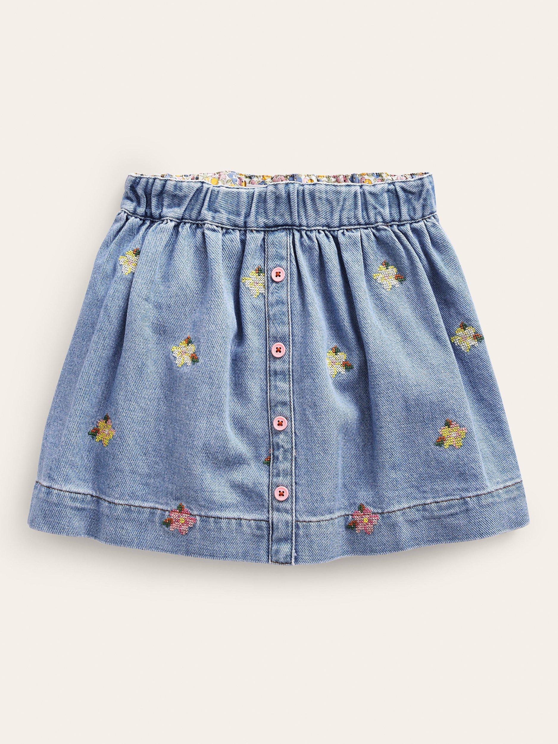 Mini Boden Kids' Flower Embroidered Denim Skirt, Mid Chambray