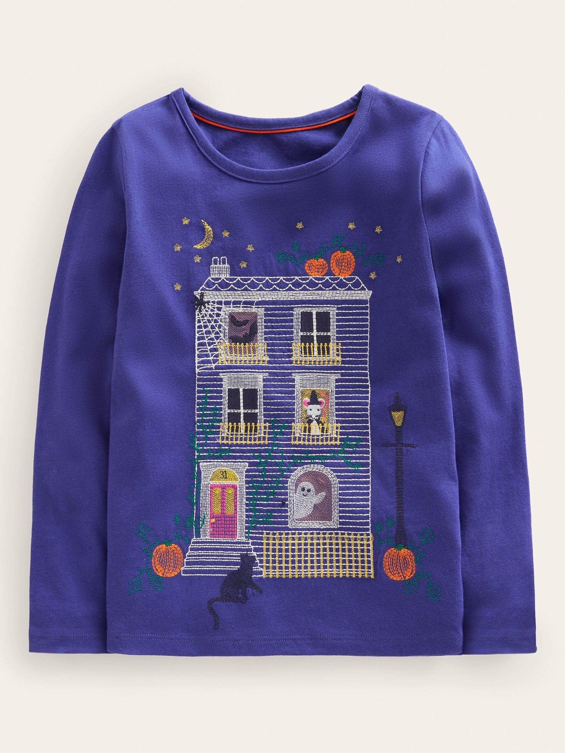 Mini Boden Kids' Haunted House Superstitch T-Shirt, Starboard Blue
