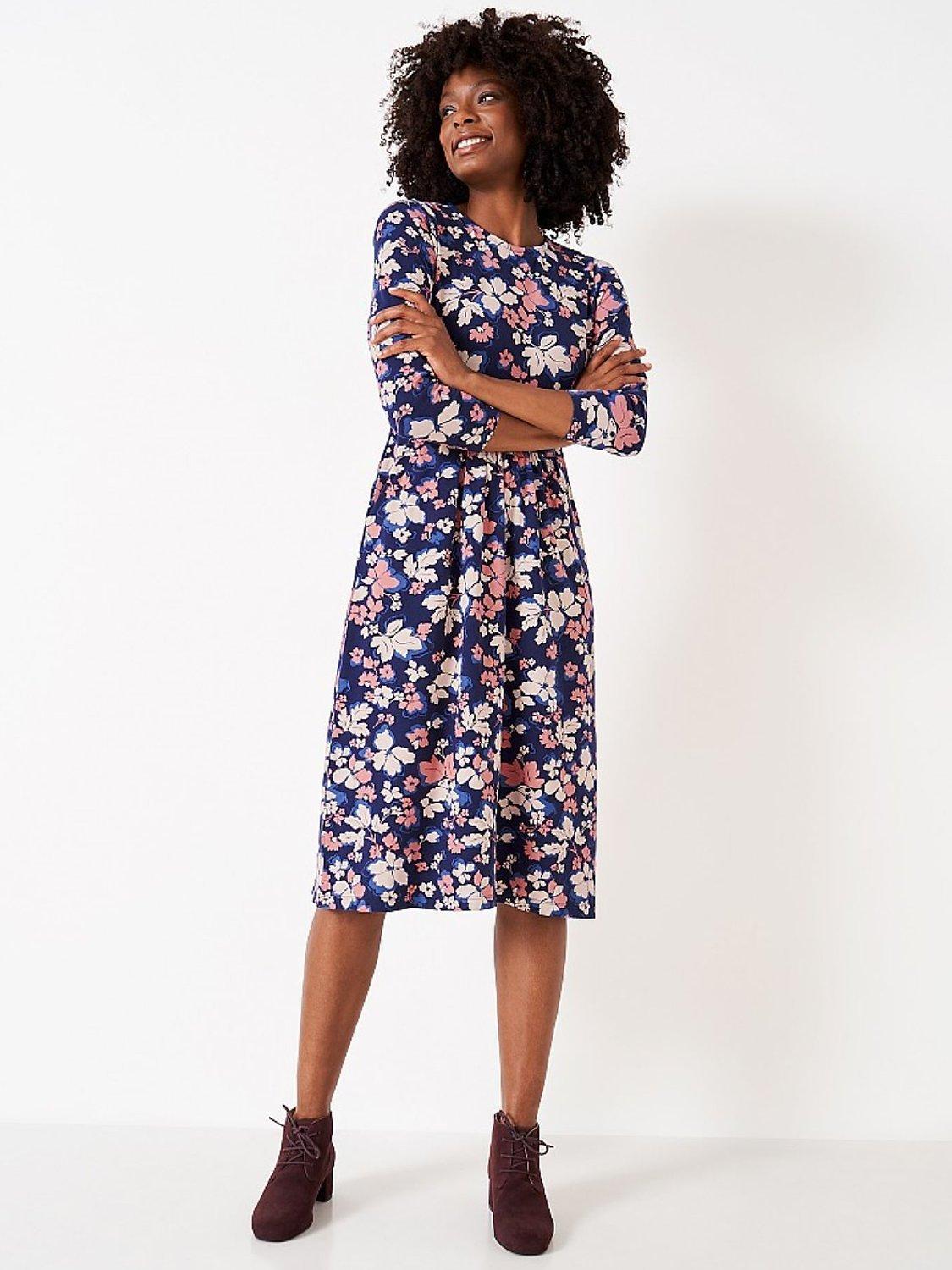 Crew Clothing Floral Print Jersey Midi Dress Multi Pink