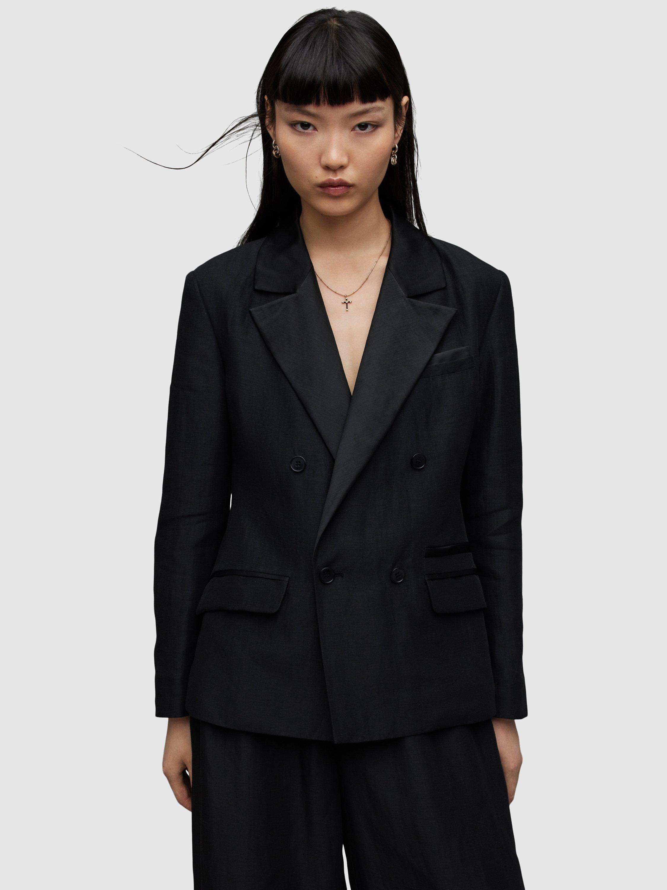 AllSaints Eve Double Breasted Linen Blend Blazer, Black