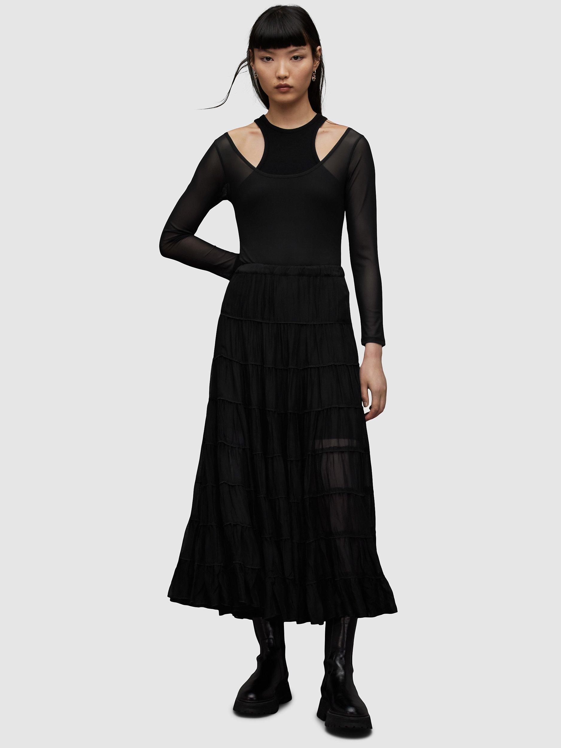 AllSaints Eva Tiered Maxi Skirt, Black, L