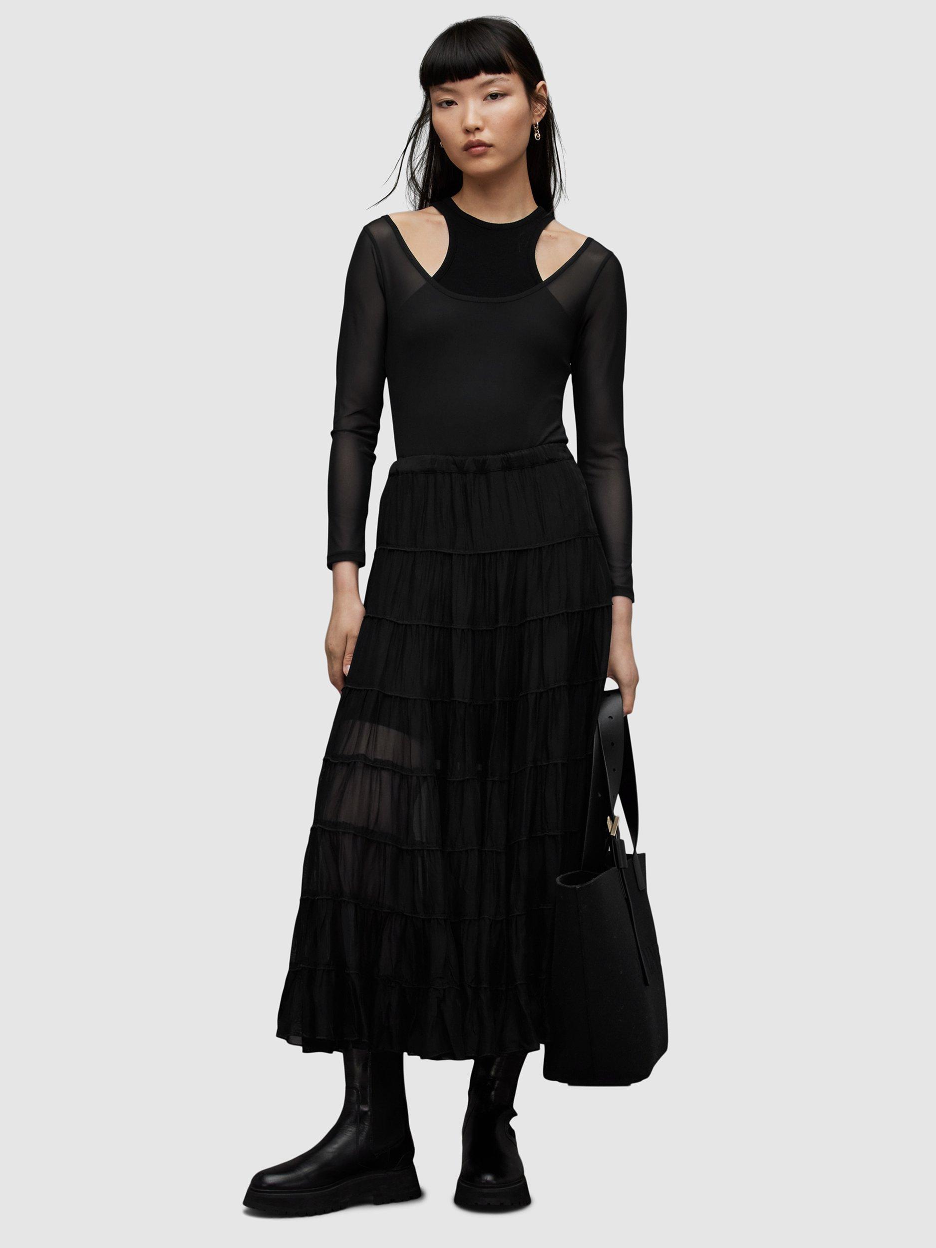 AllSaints Eva Tiered Maxi Skirt, Black, L