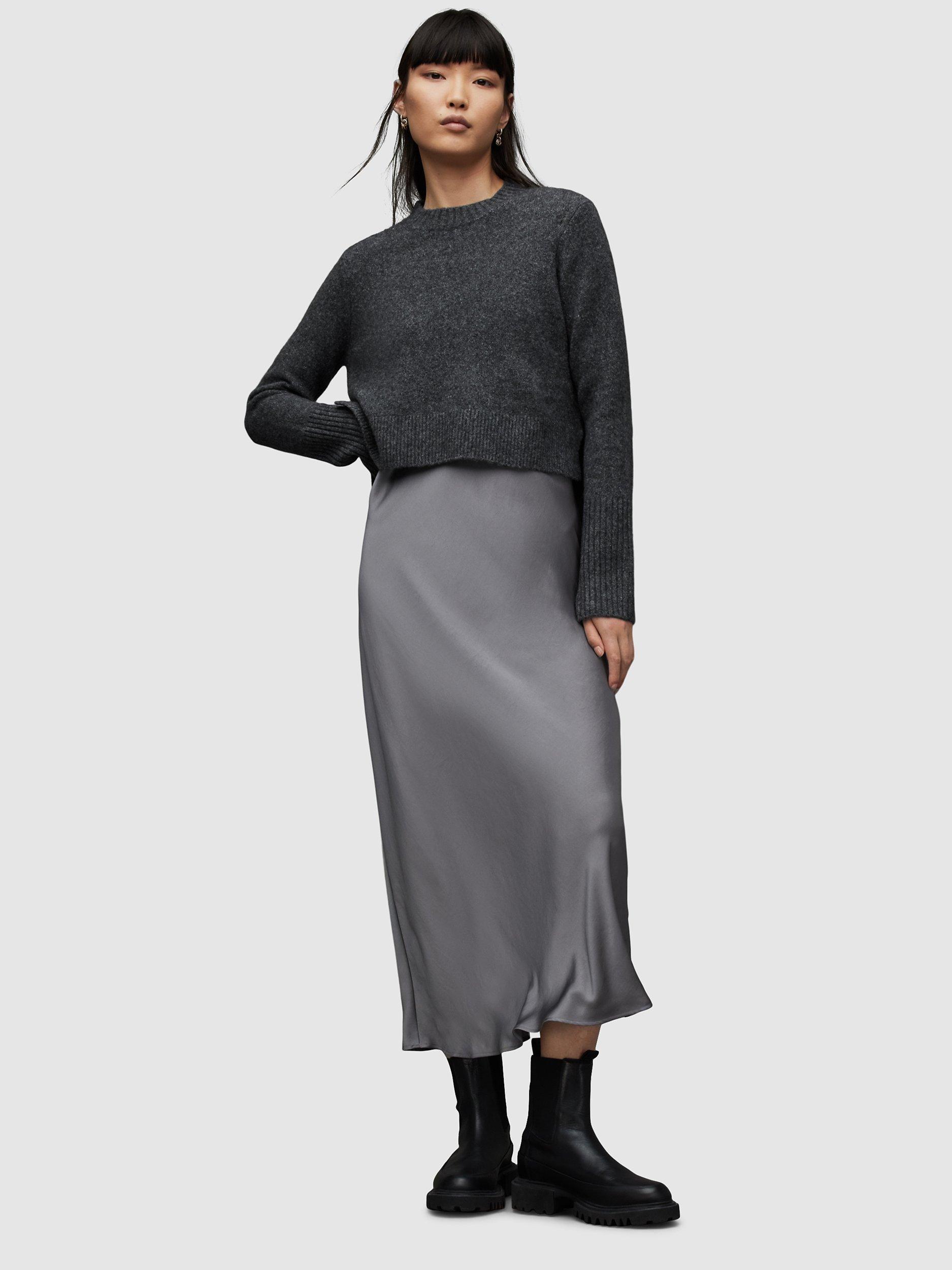 AllSaints Tierny 2-in-1 Midi Satin Dress, Charcoal Grey