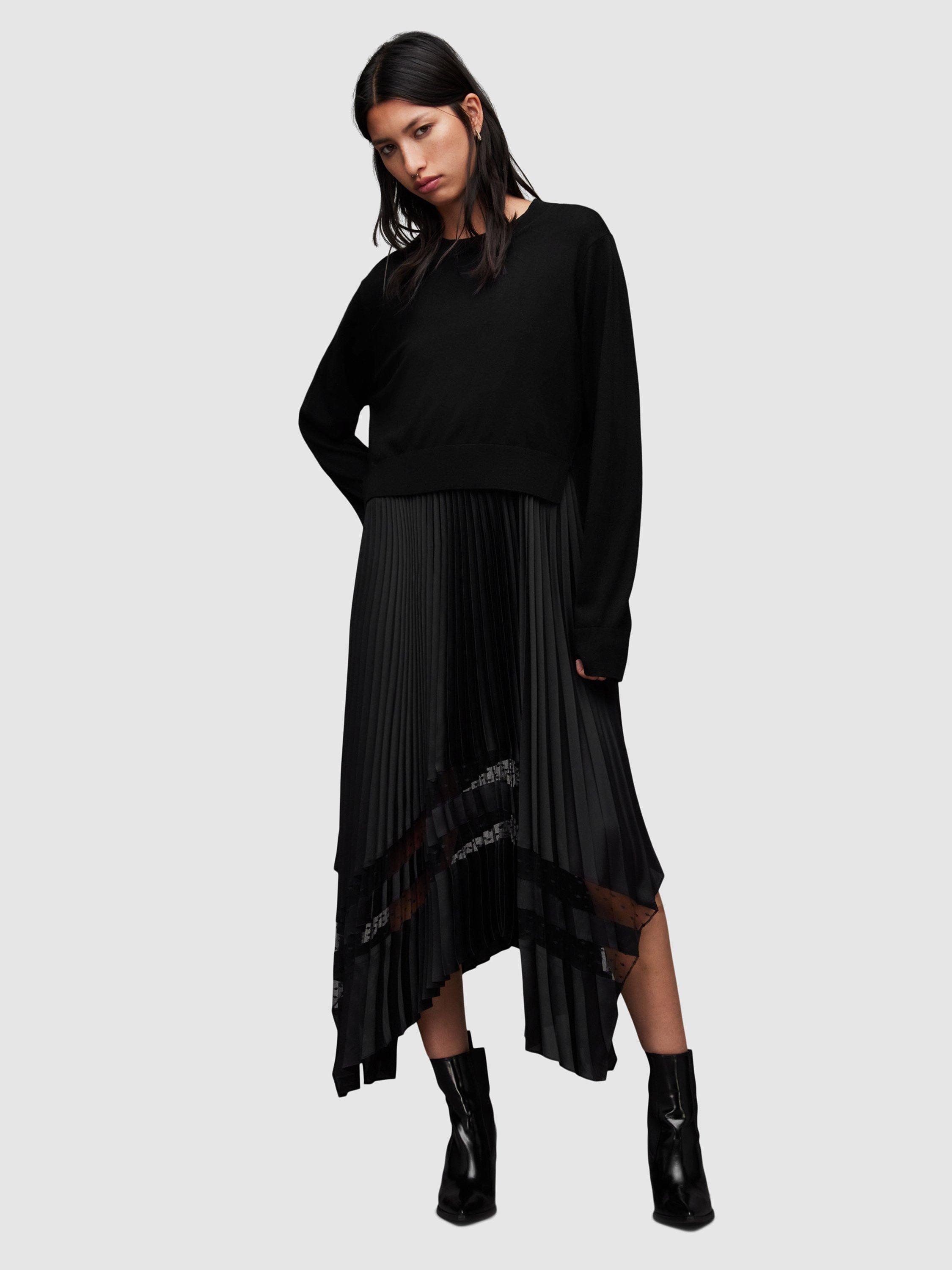 AllSaints Nadia 2-In-1 Pleated Lace Midi Dress, Black