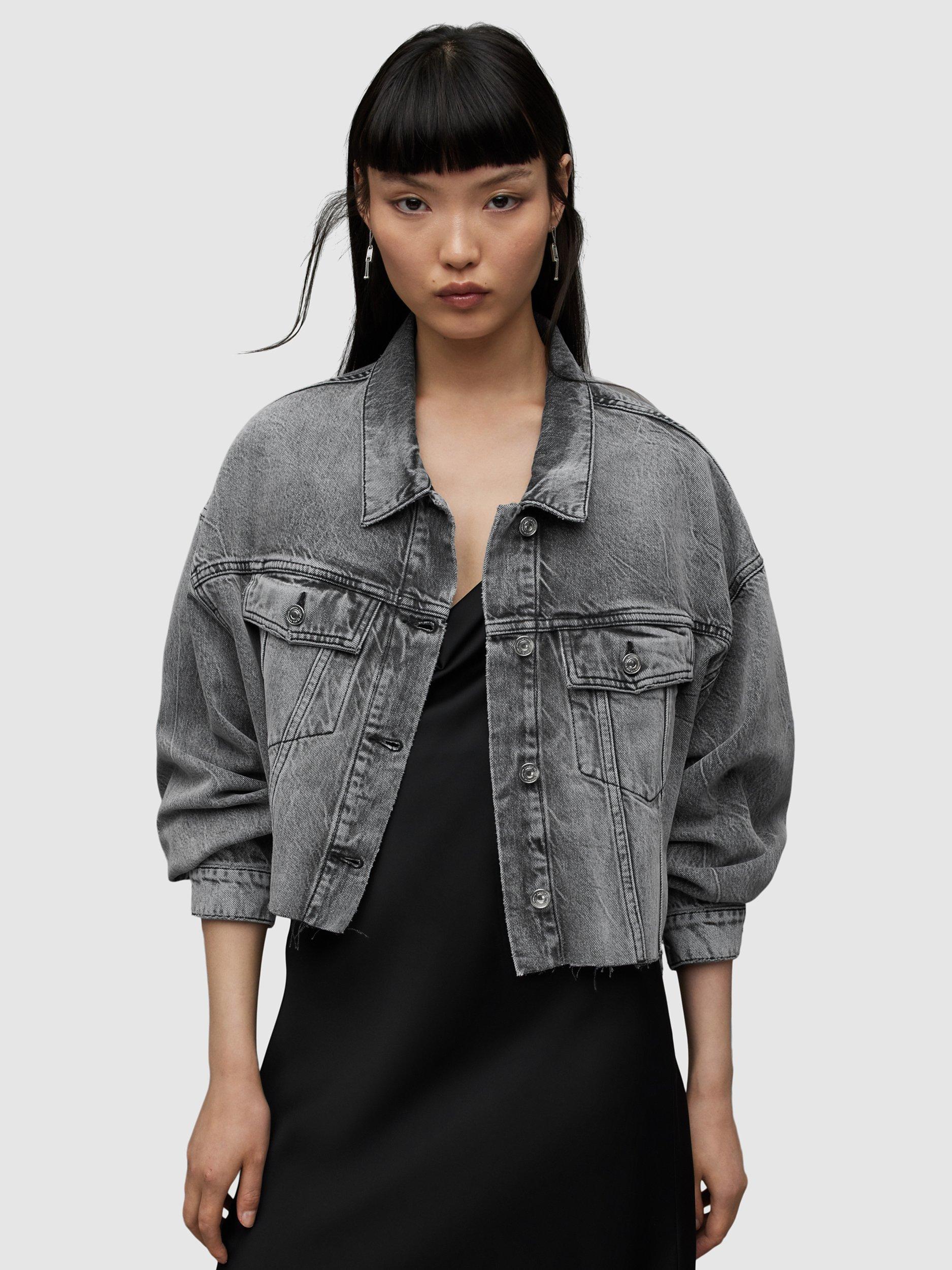 AllSaints Piper Cropped Denim Jacket, Washed Grey