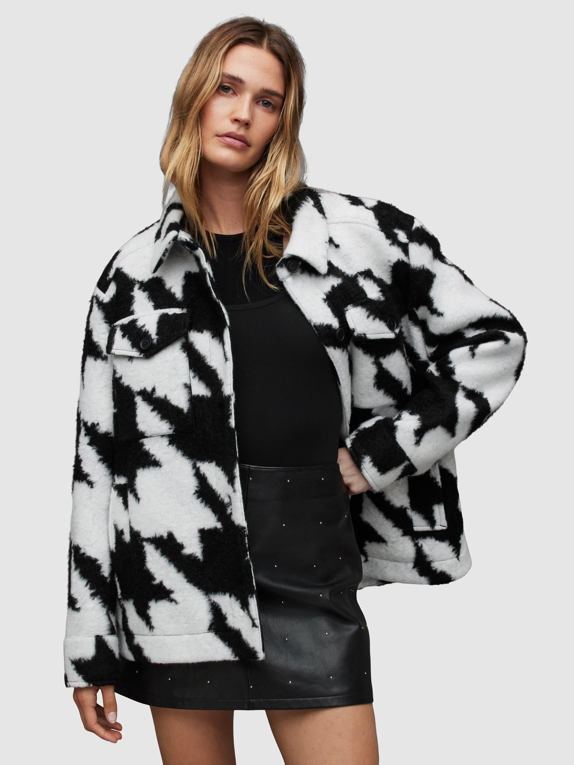AllSaints Rosey Dogtooth Print Wool Blend Shacket, Black/White