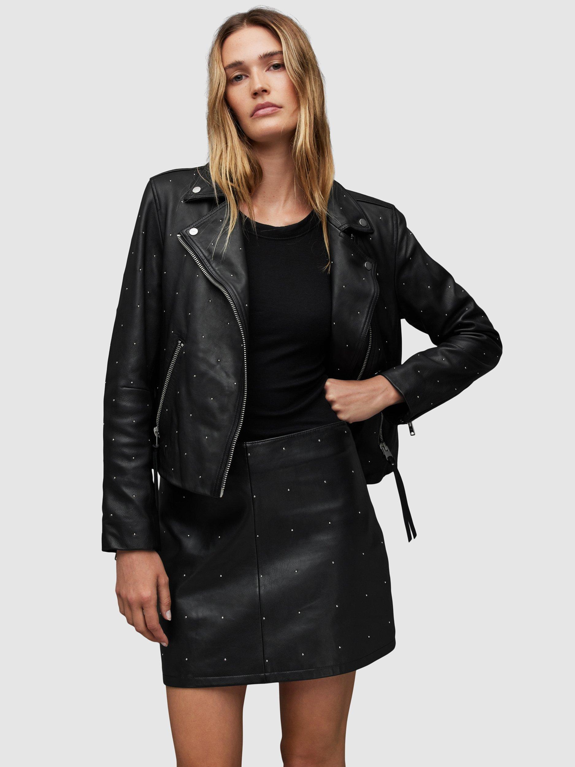 AllSaints Dalby Pinstud Leather Biker Jacket, Black
