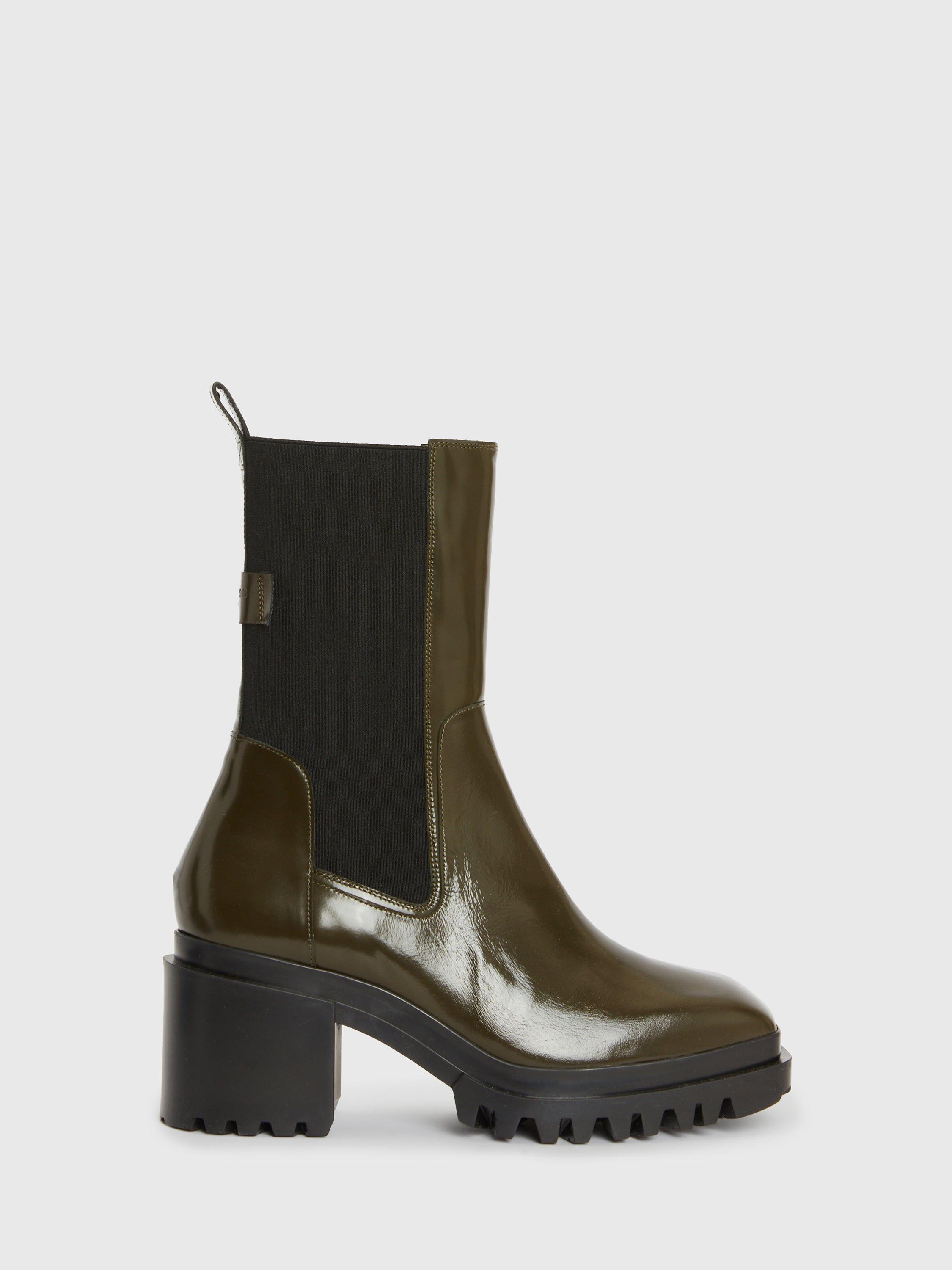 AllSaints Skarlet Block Heel High Chelsea Leather Boots, Bronze Green Shine
