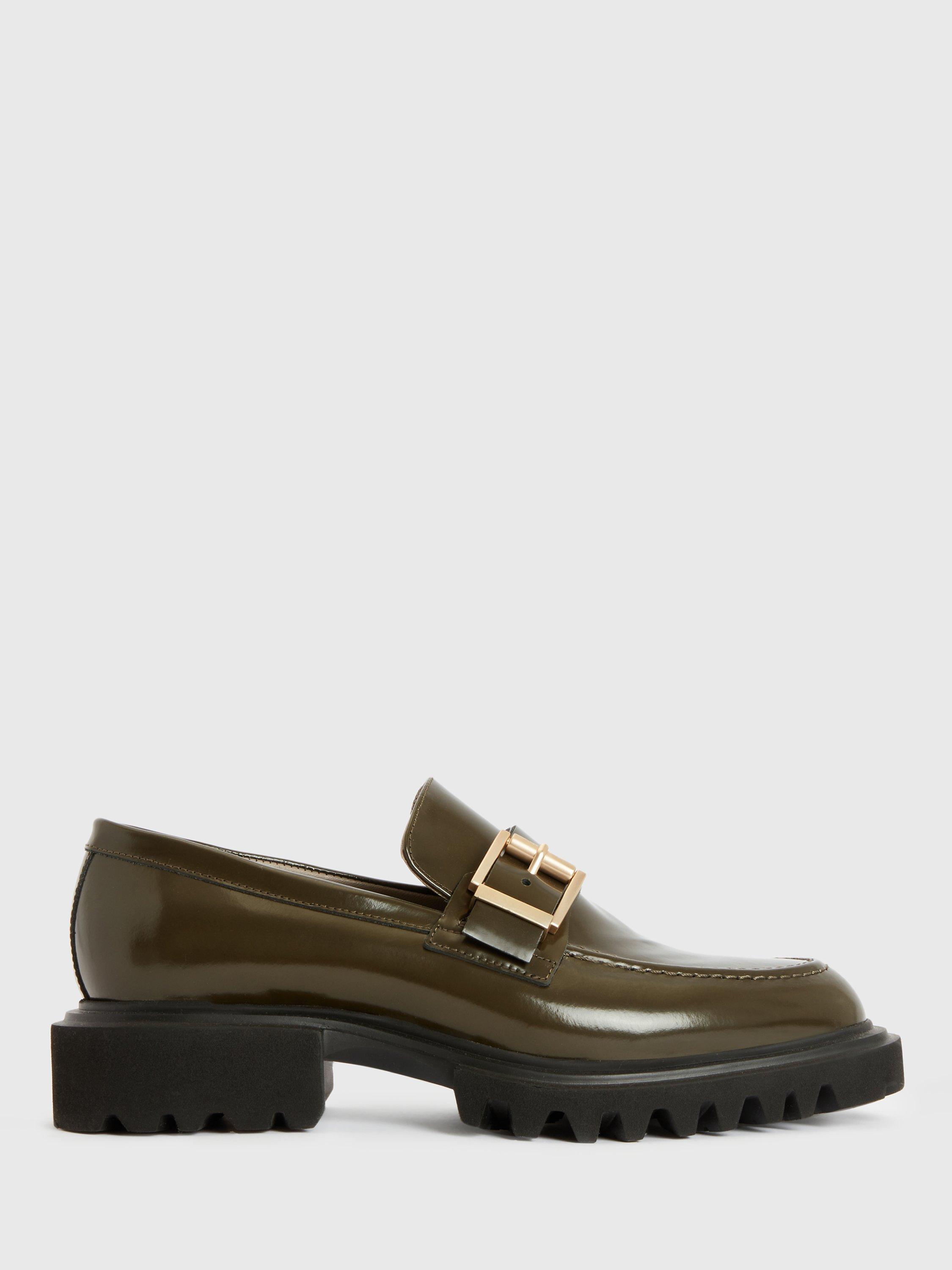 AllSaints Emily Patent Leather Loafers, Bronze Green