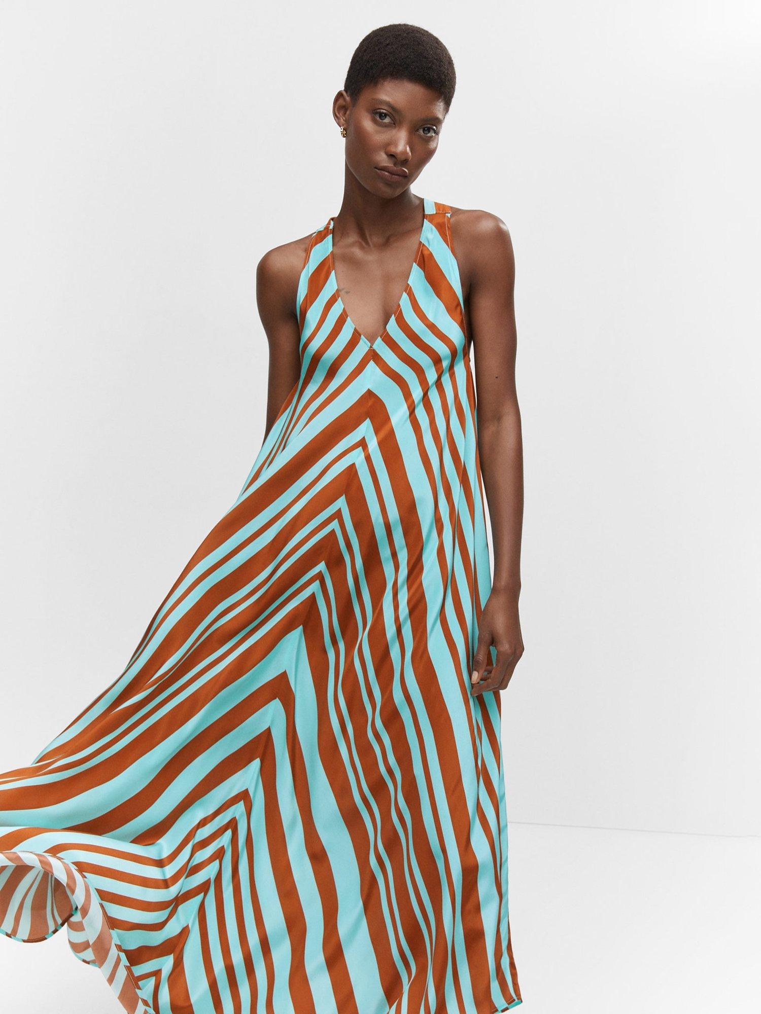 Mango Jana Two-Colour Flared Dress, Blue/Multi