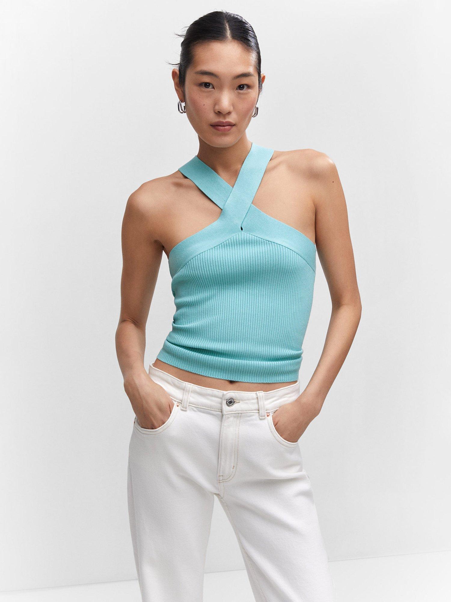 Mango Replik Halterneck Rib Knitted Top, Turquoise/Aqua