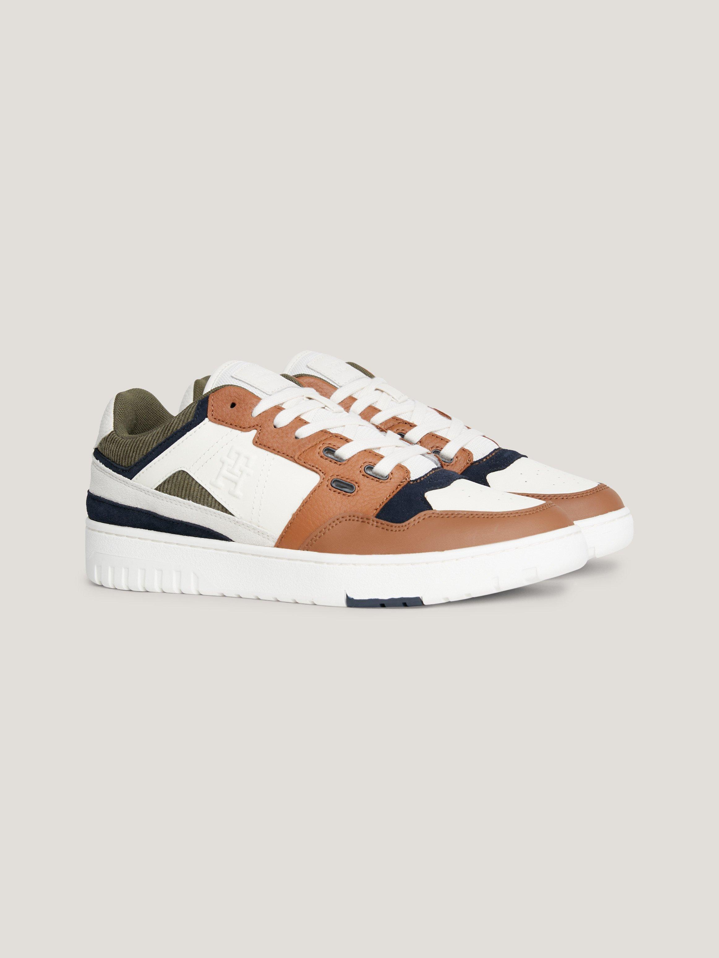 Product image 1 of 4, which shows Tommy Hilfiger TH Monogram Basketball Trainers, Natural Cognac/Multi, EU42