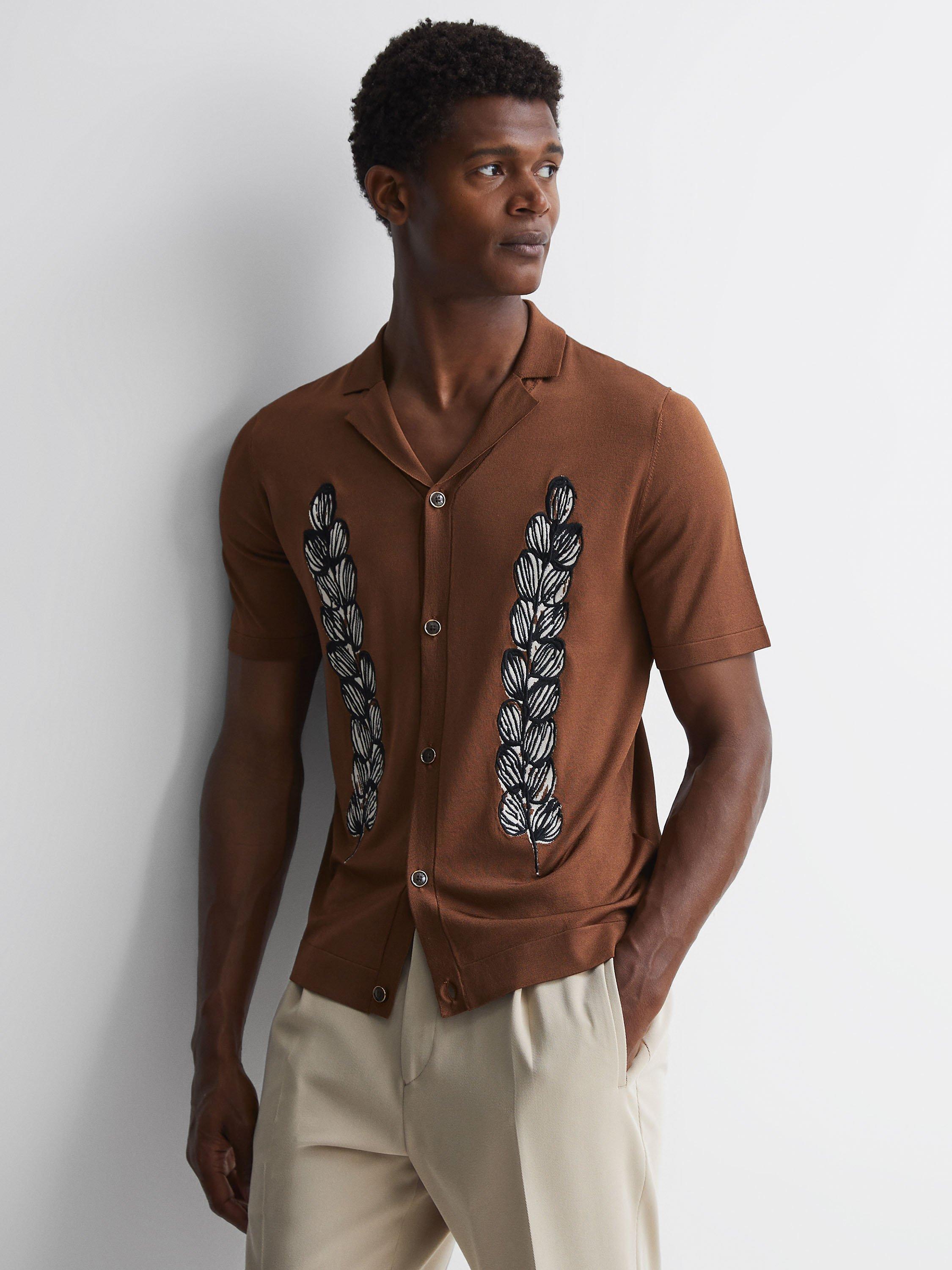 Reiss Script Embroidered Cuban Collar Button Through Shirt, Tobacco