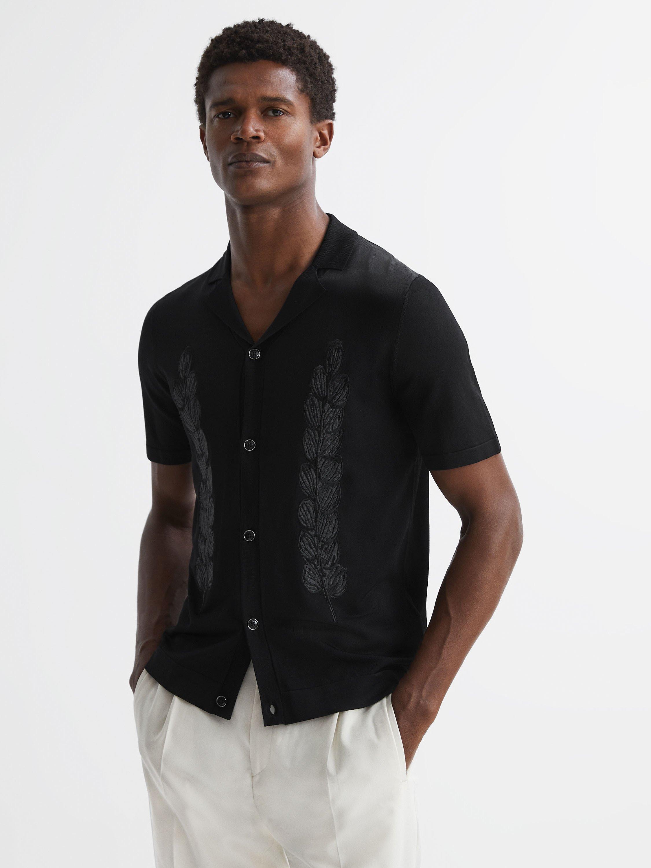Reiss Script Embroidered Cuban Collar Button Through Shirt