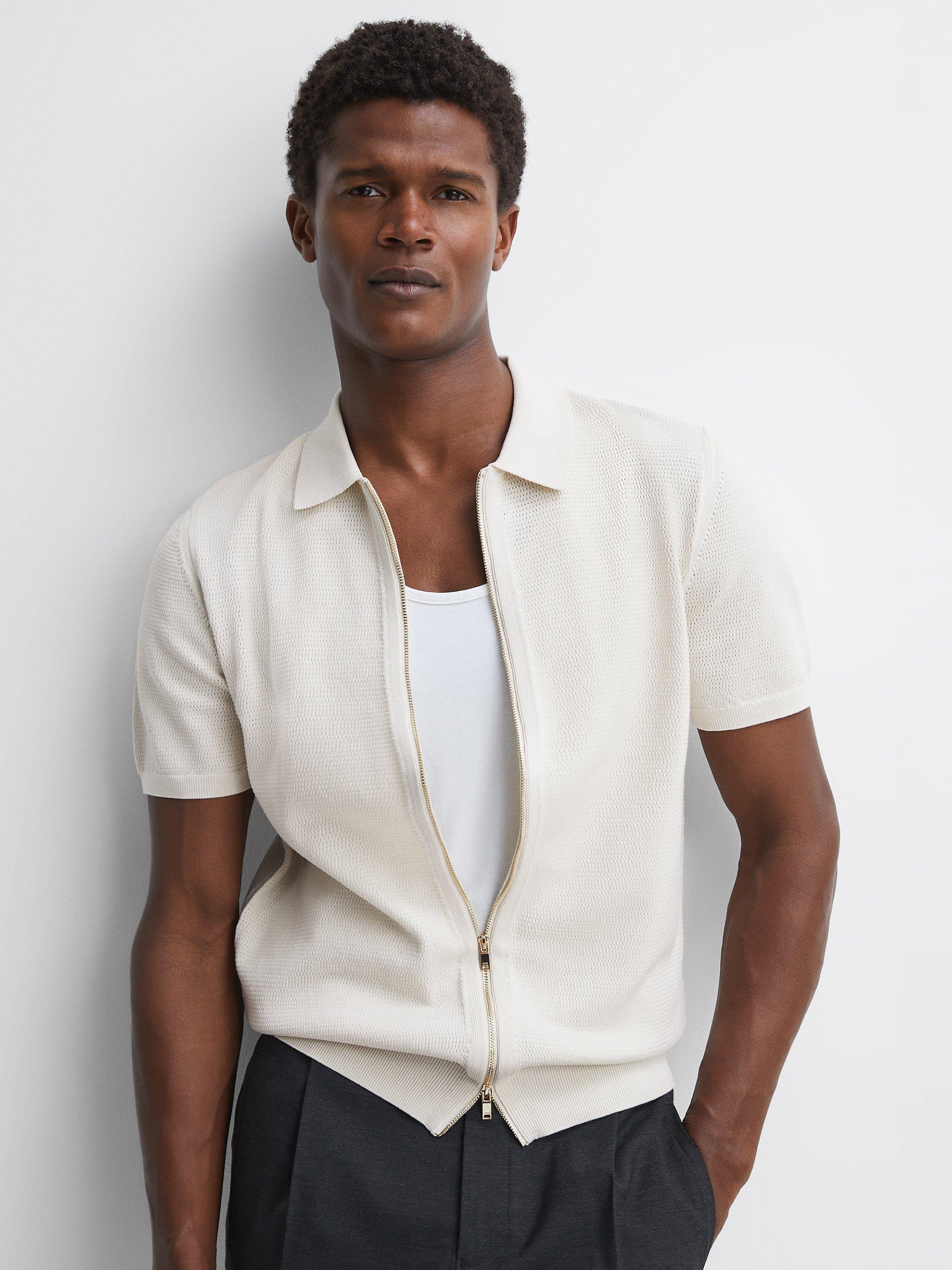 Reiss Walton Zip Neck Polo Shirt, Stone