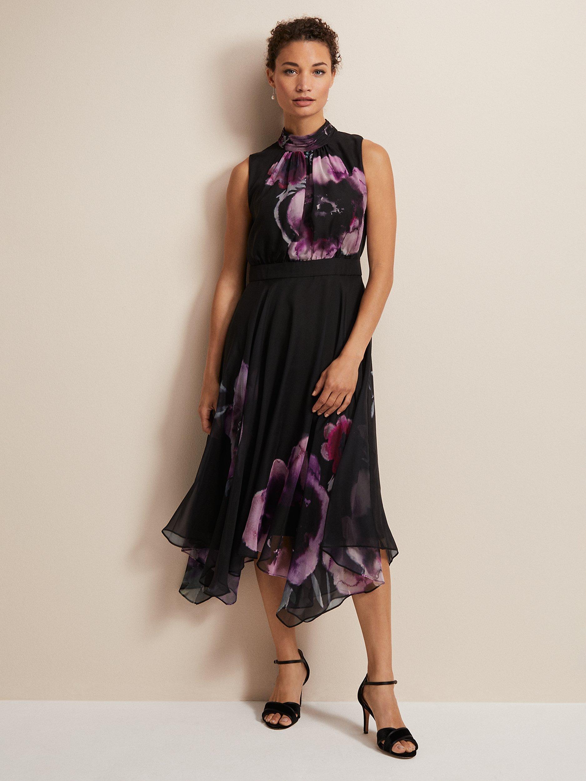 Phase Eight Lucinda Floral Chiffon Midi Dress, Black/Multi