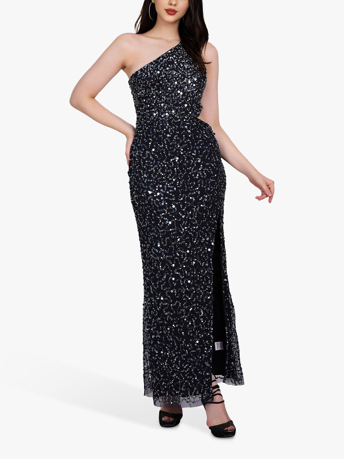 Lace & Beads Naeve Sequin One Shoulder Maxi Dress, Navy 