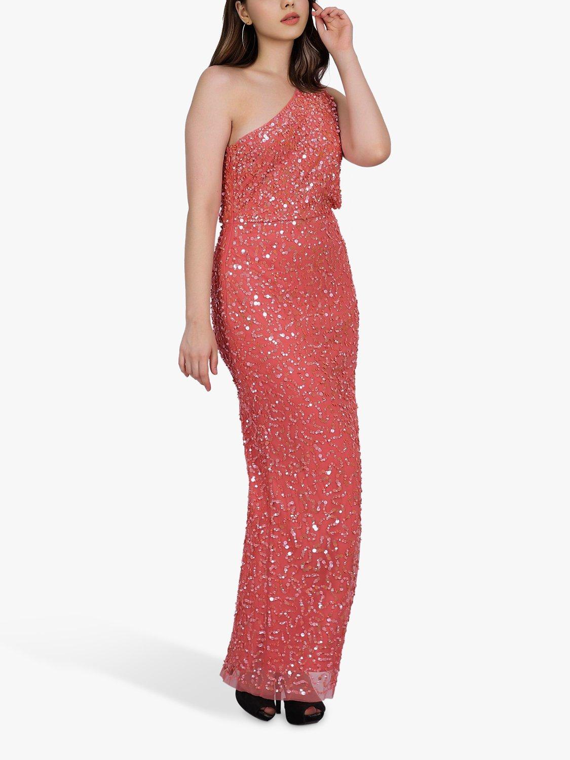 Lace & Beads Naeve Sequin One Shoulder Maxi Dress, Coral 