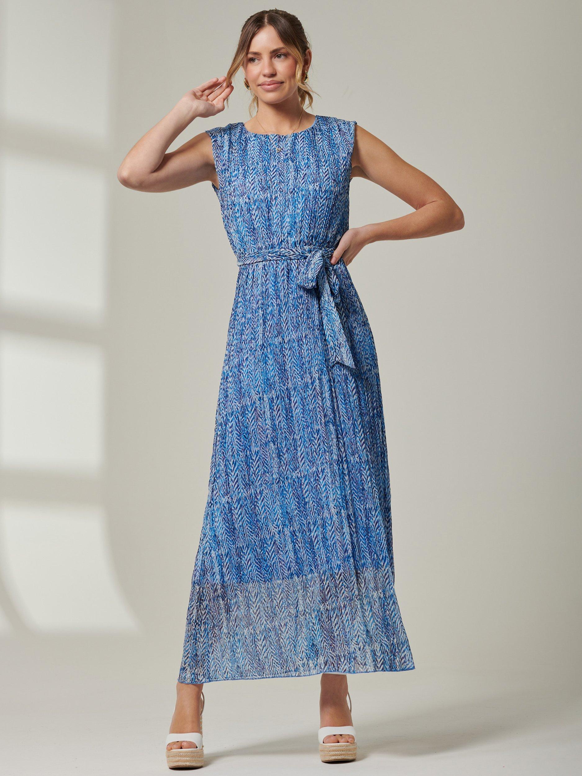 Jolie Moi Hollyn Pleated Chiffon Maxi Dress, Blue Abstract, 16