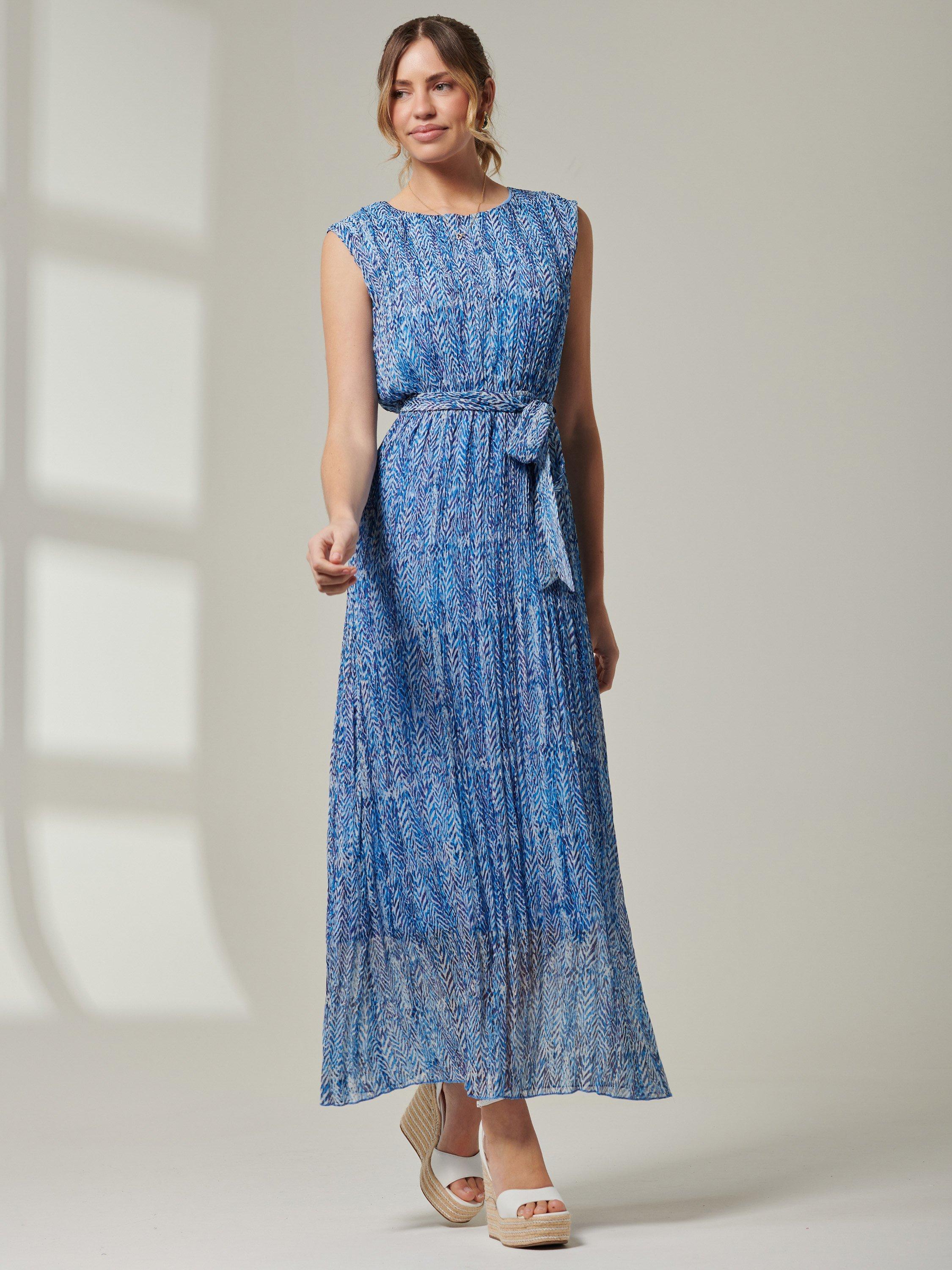 Jolie Moi Hollyn Pleated Chiffon Maxi Dress, Blue Abstract, 16