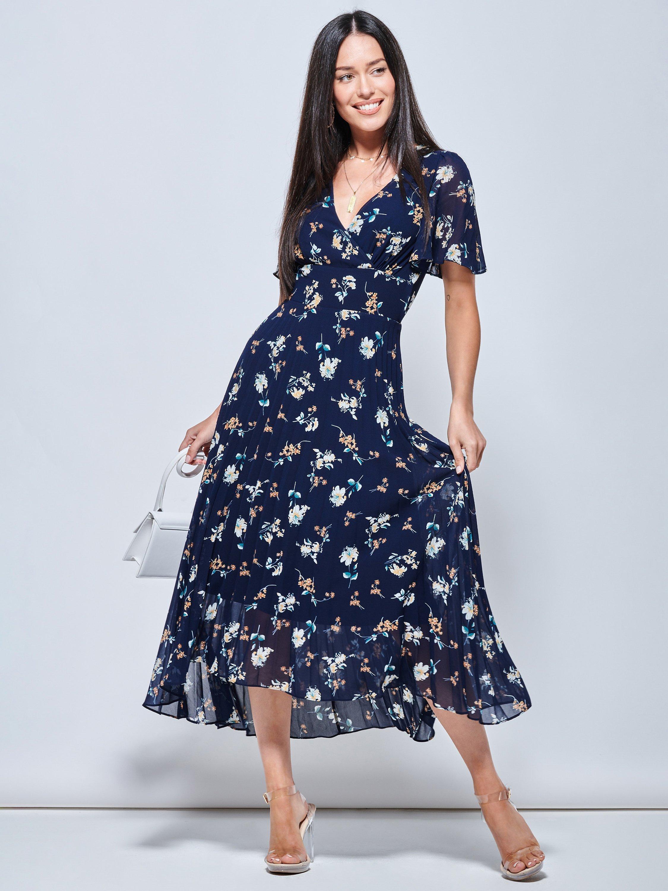 Jolie Moi Pleated Chiffon Midi Dress, Navy Floral