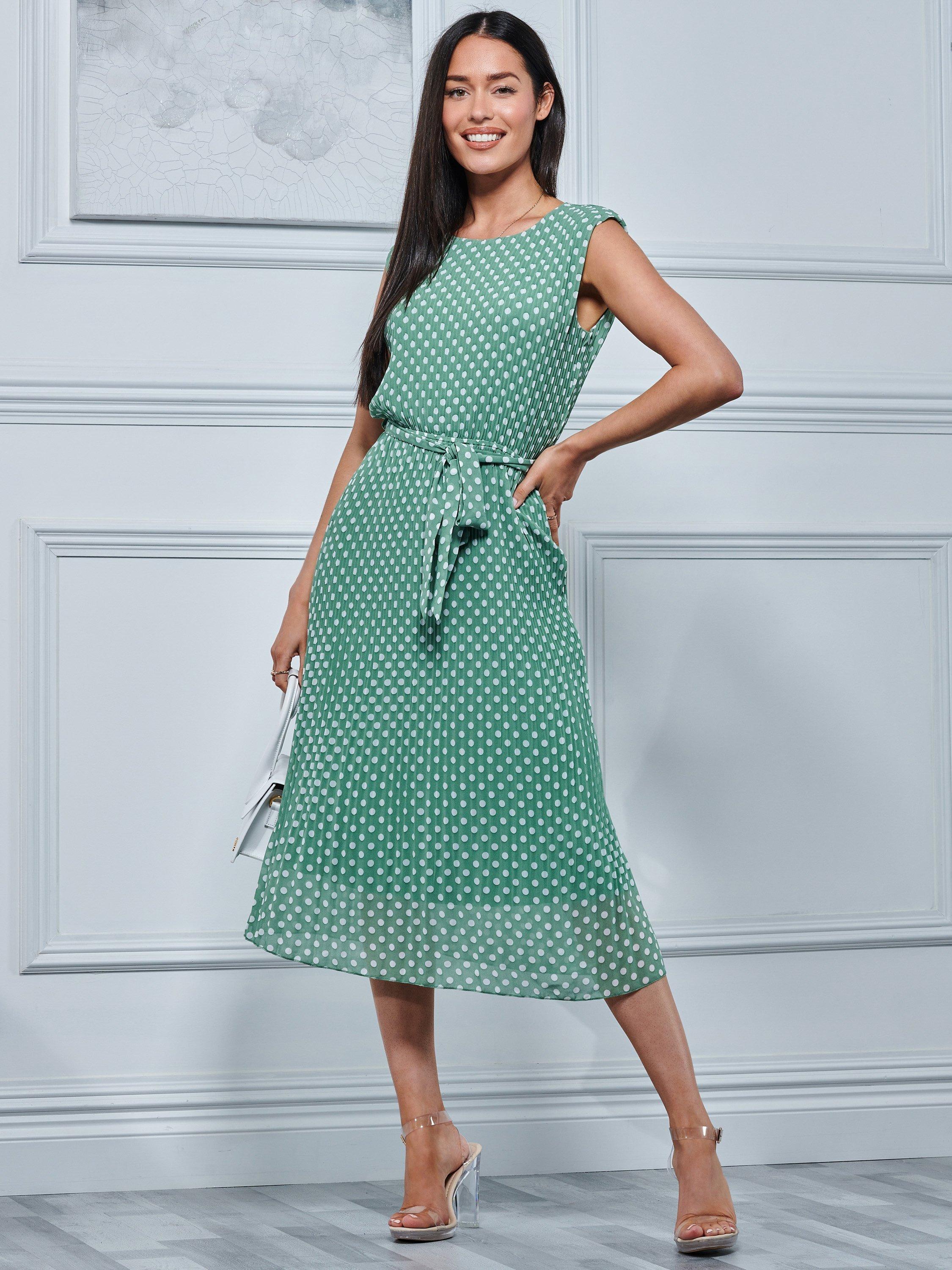 Jolie Moi Hayes Pleated Chiffon Midi Dress, Green Polka, 8