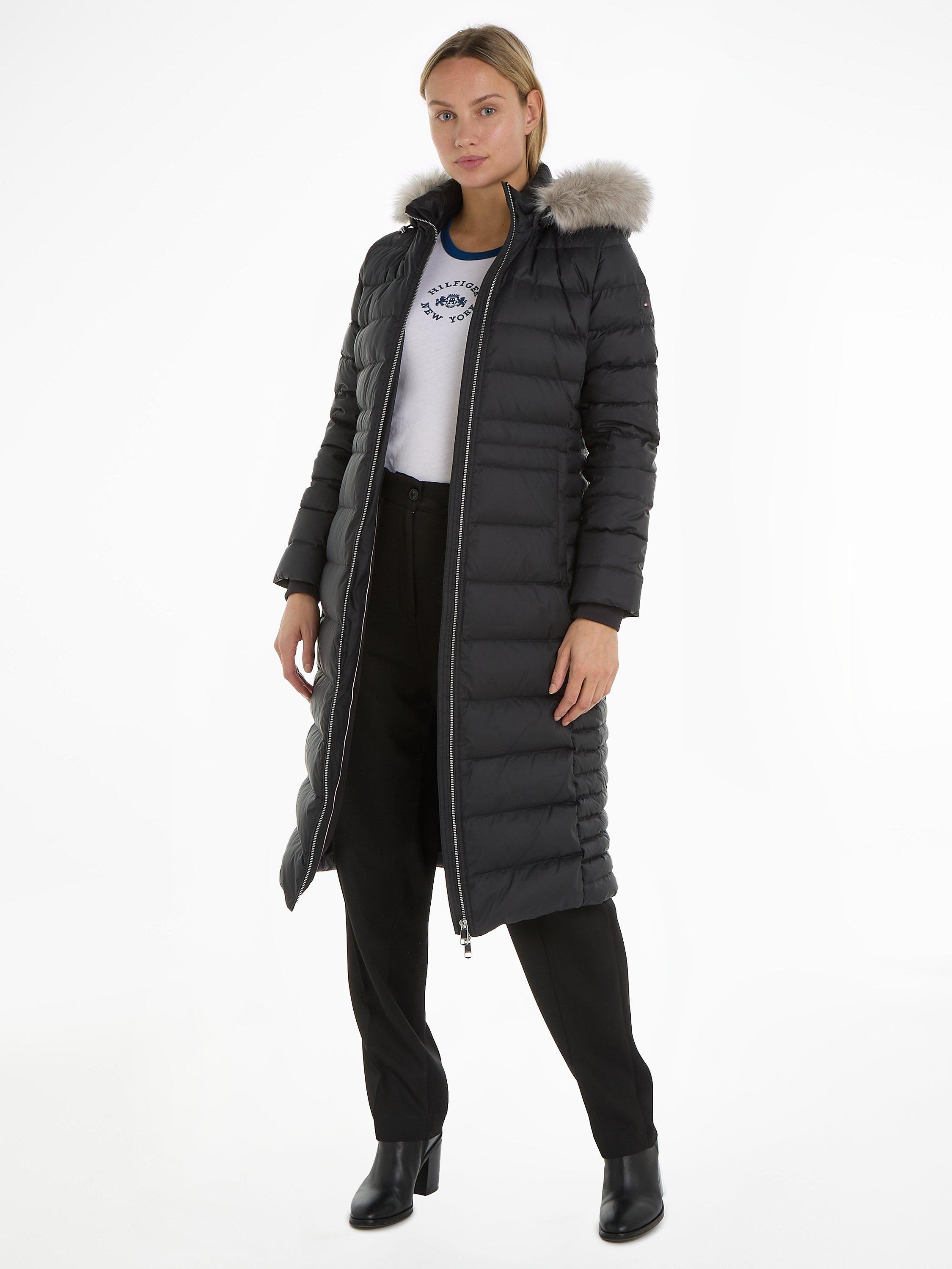Tommy Hilfiger Padded Fur Trim Hood Longline Coat, Black