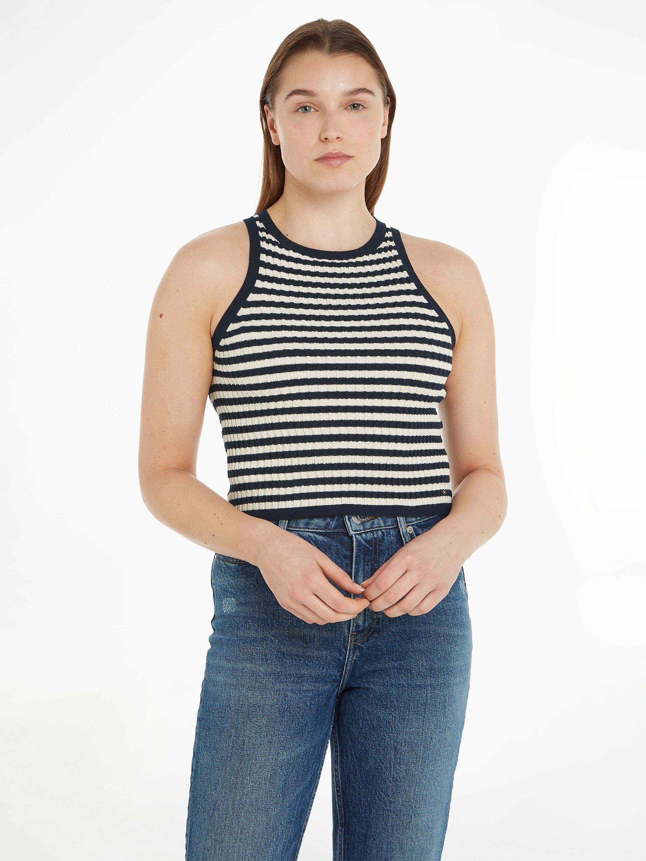 Tommy Hilfiger Cropped Stripe Rib Knit Tank Top, Ancient White/Black
