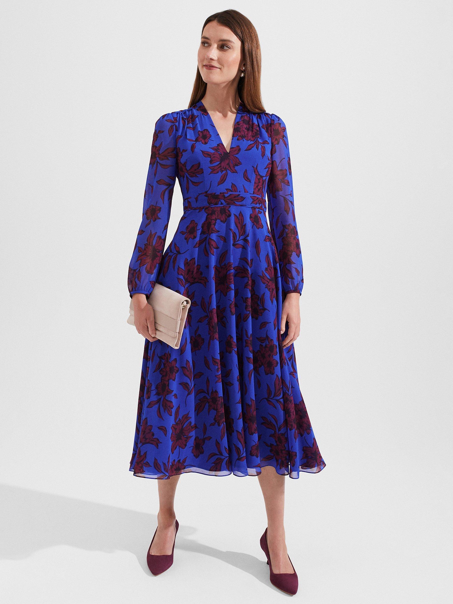 Hobbs Petite Aurora Floral Dress, Blue/Burgundy