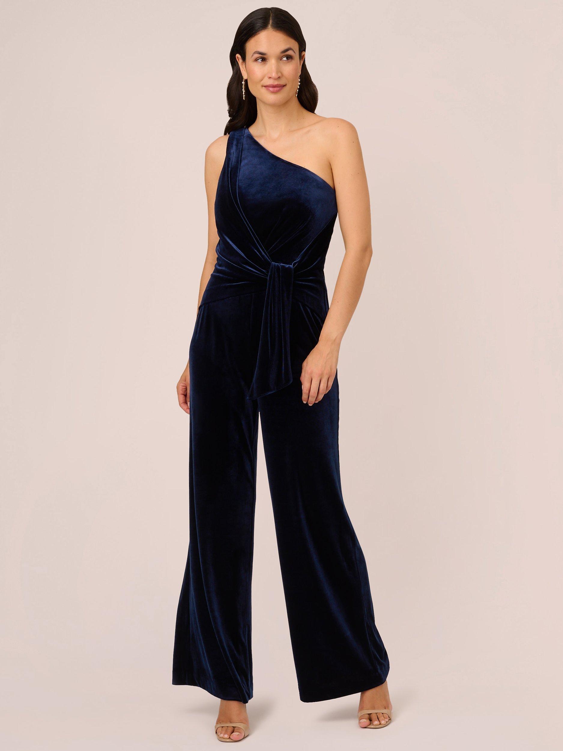 Adrianna Papell Plain Velvet Asymmetric Jumpsuit, Midnight